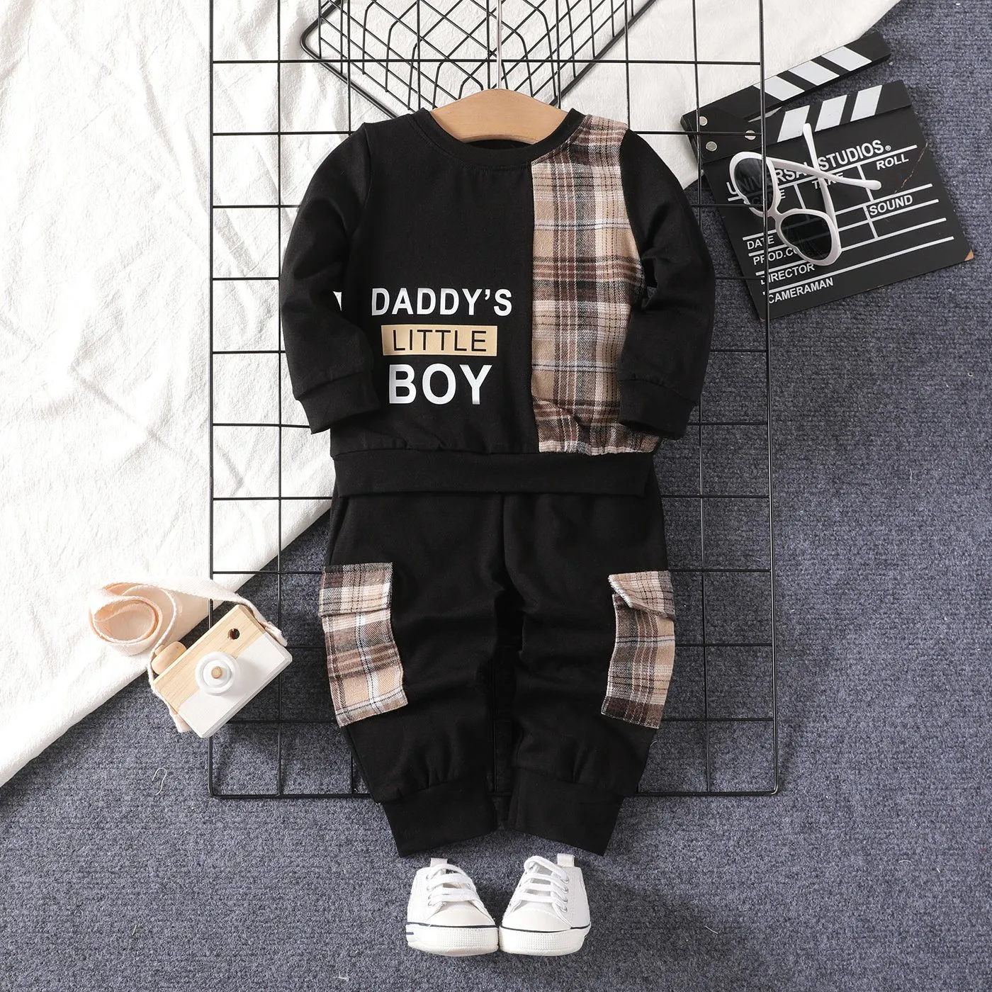 2pcs Baby Boy Cotton Letters Print Plaid Panel Long-sleeve Top and Cargo Pants Set