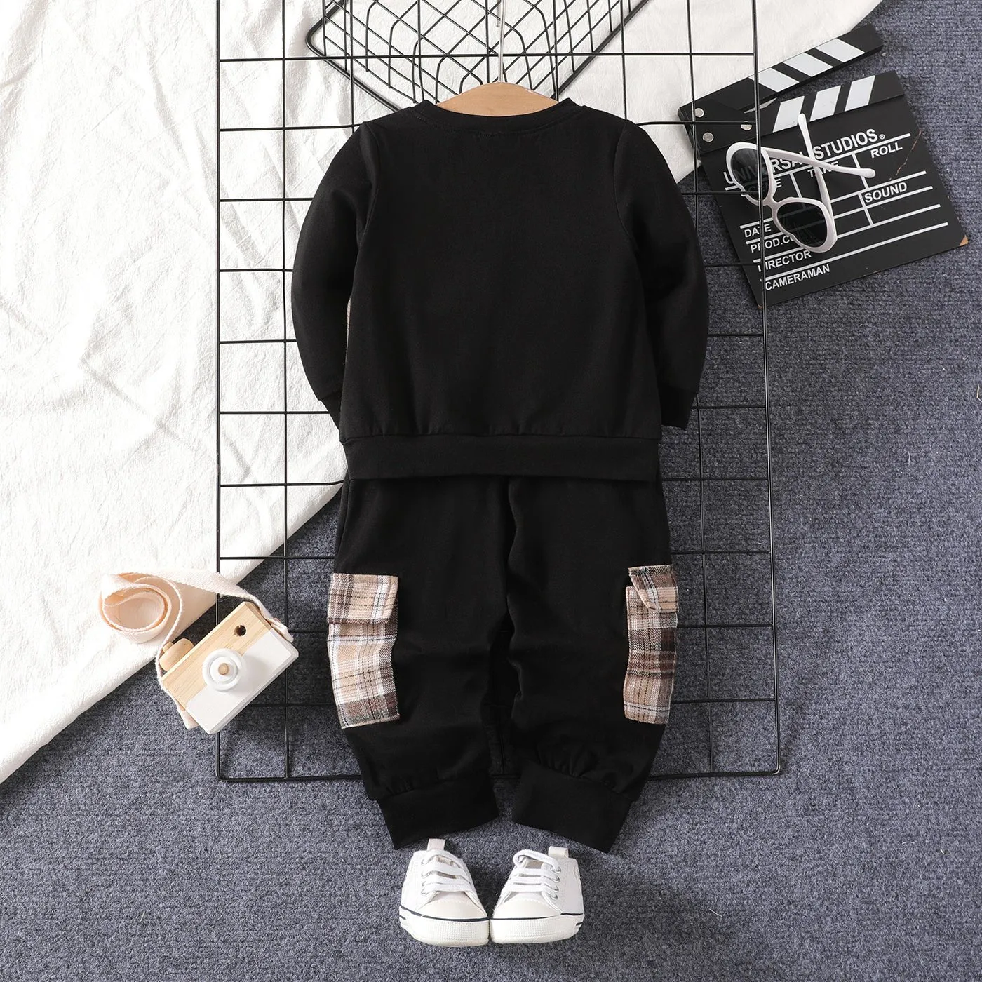 2pcs Baby Boy Cotton Letters Print Plaid Panel Long-sleeve Top and Cargo Pants Set