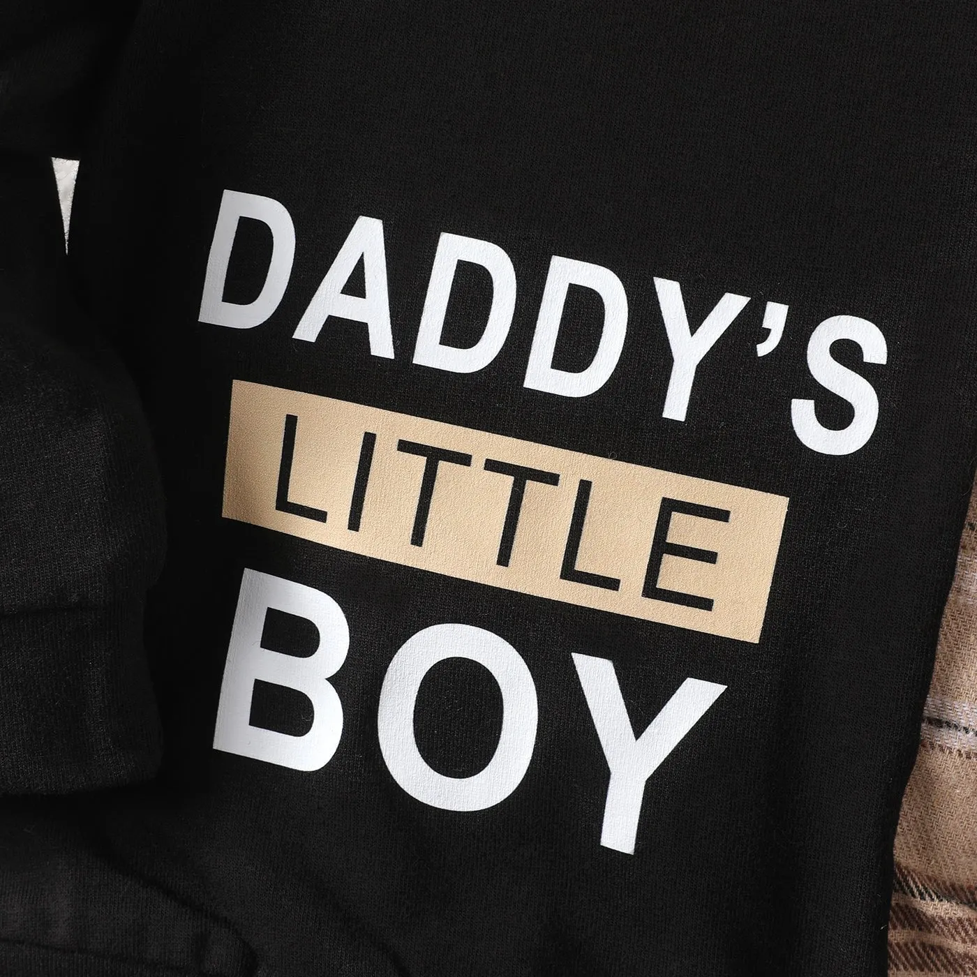 2pcs Baby Boy Cotton Letters Print Plaid Panel Long-sleeve Top and Cargo Pants Set