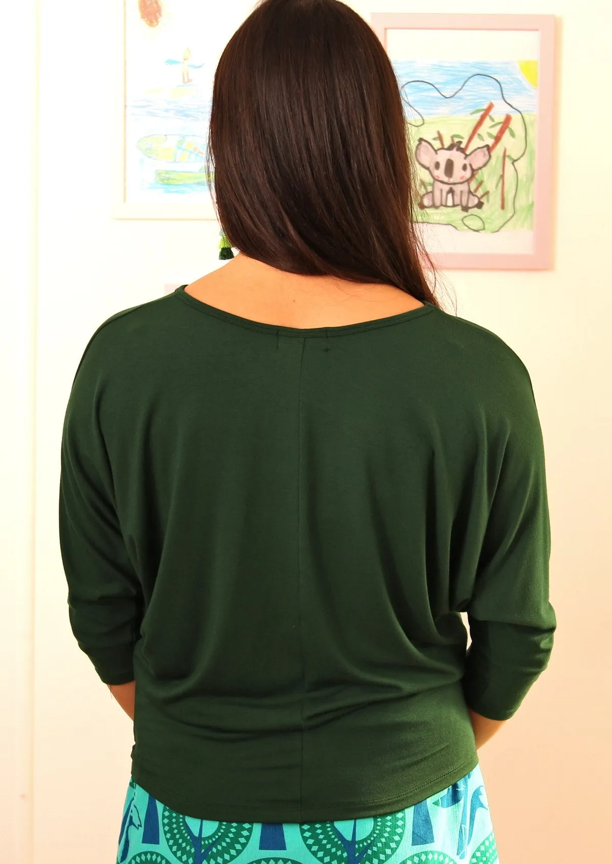 3/4 Sleeve V-neck Batwing Top Forest Green