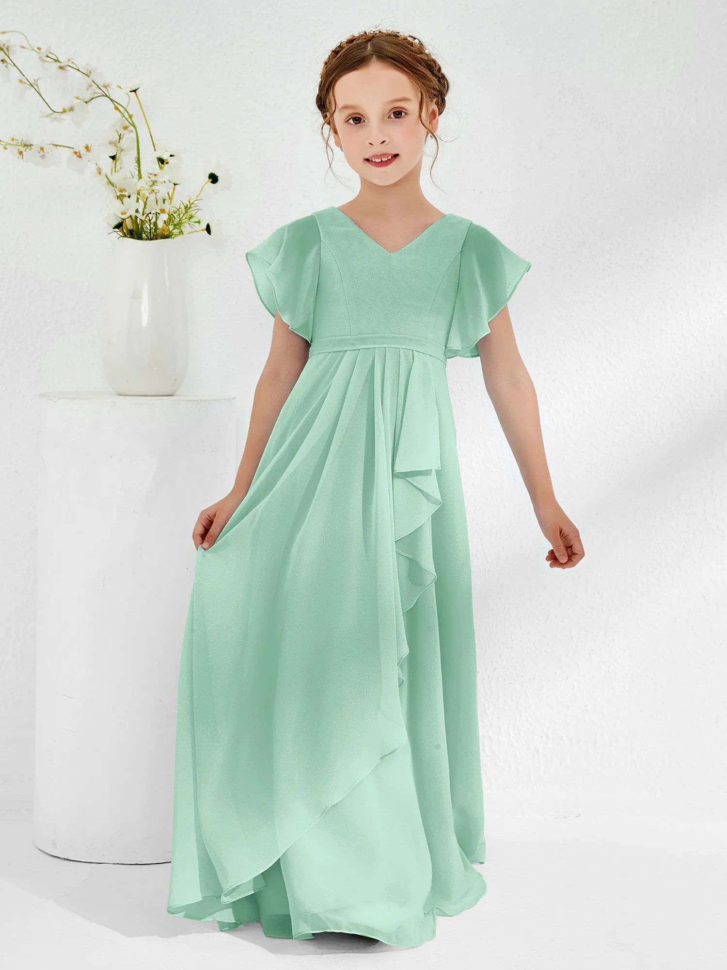 A-line Flutter Sleeves Junior Bridesmaid Dresses Mint Green