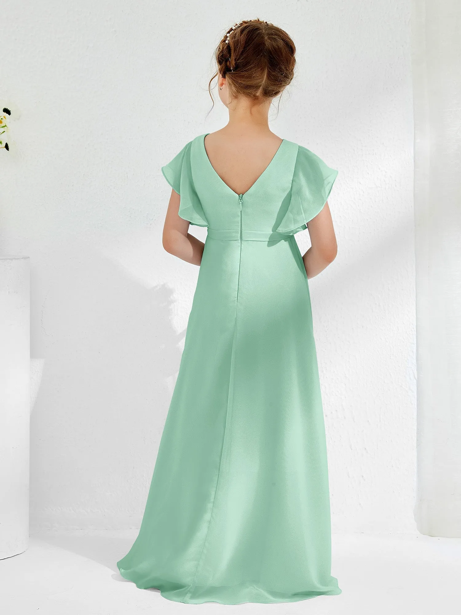 A-line Flutter Sleeves Junior Bridesmaid Dresses Mint Green