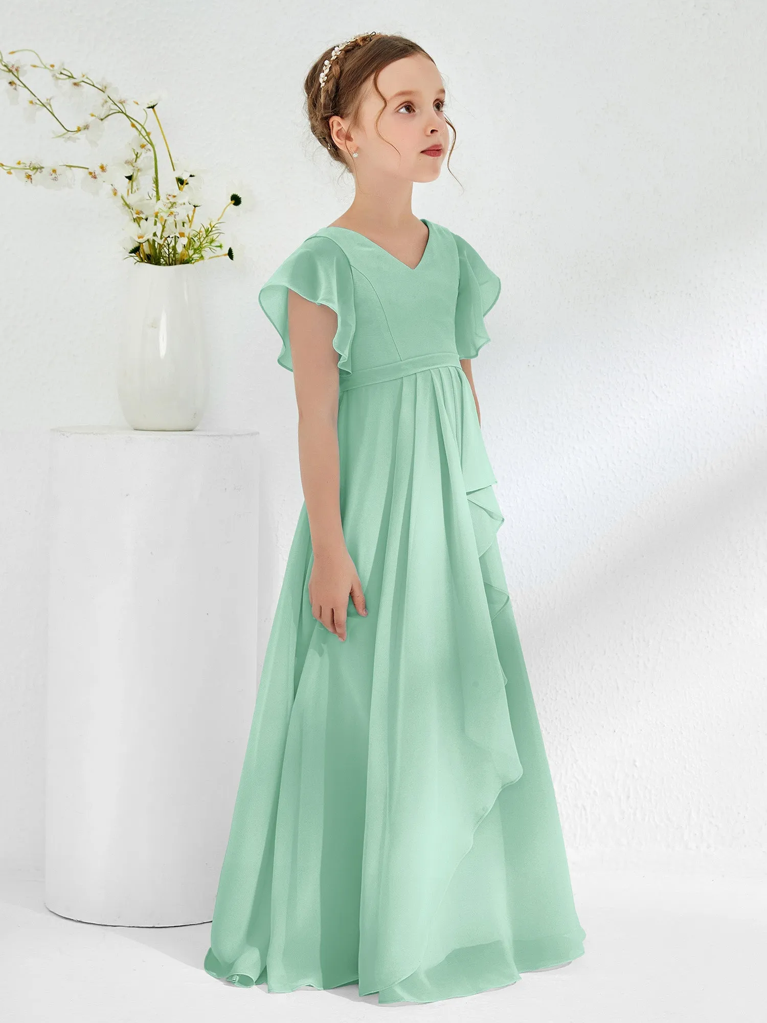 A-line Flutter Sleeves Junior Bridesmaid Dresses Mint Green