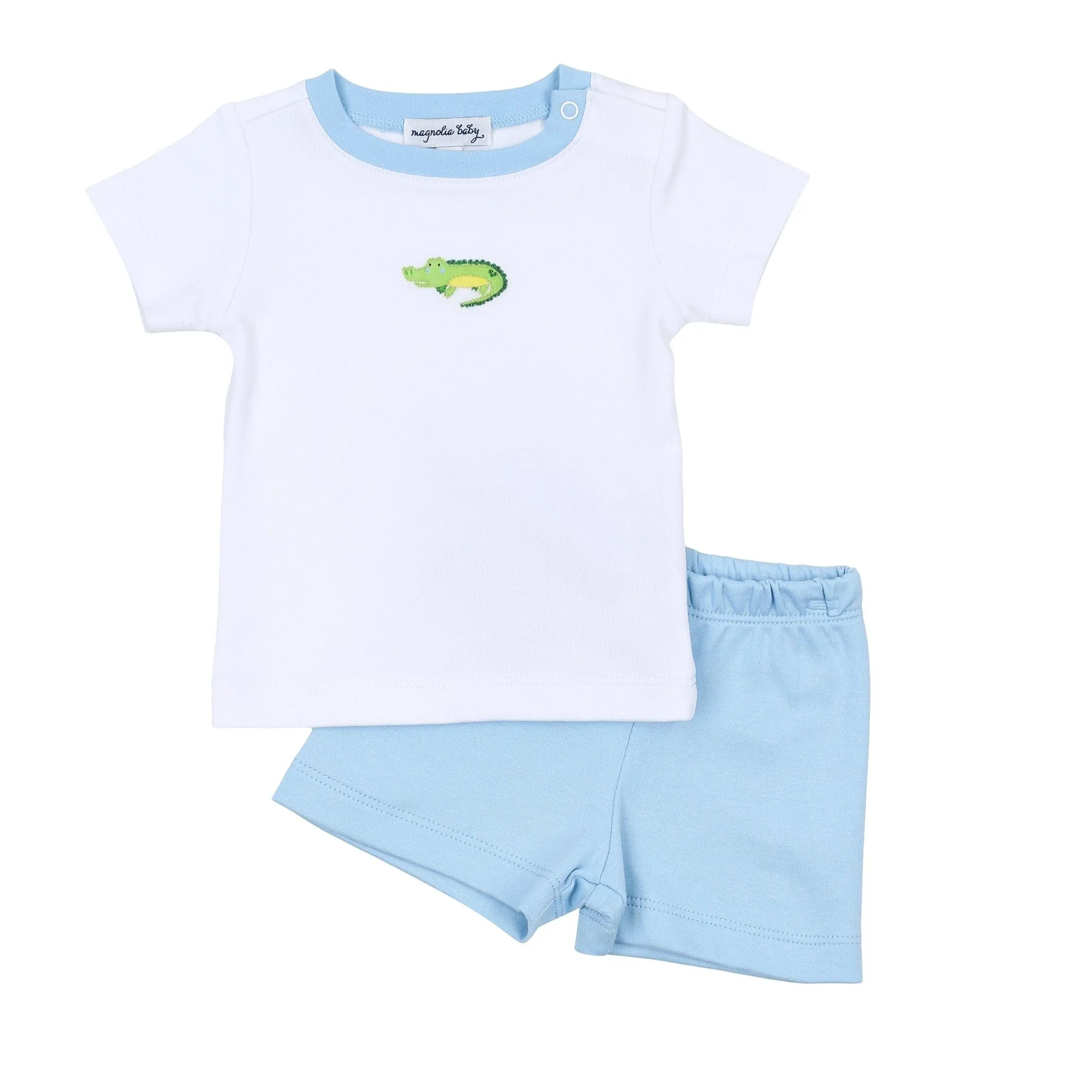 Alligator Friends Blue Embroidered Short Set