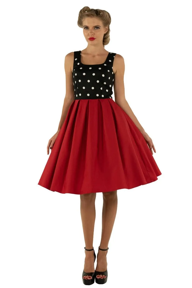Amanda Scoop Neck Polka Dot Swing Dress in Black-White & Red