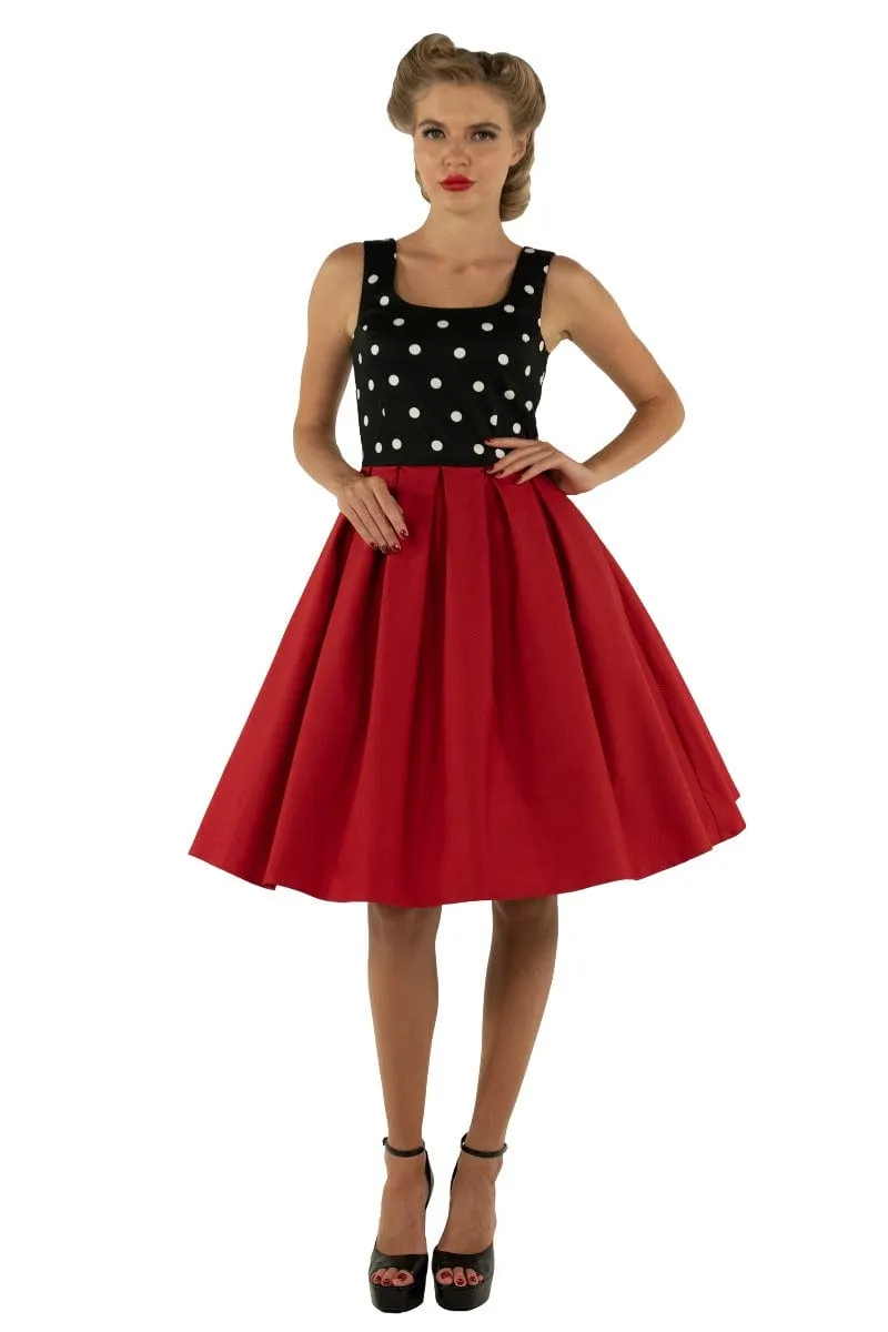 Amanda Scoop Neck Polka Dot Swing Dress in Black-White & Red