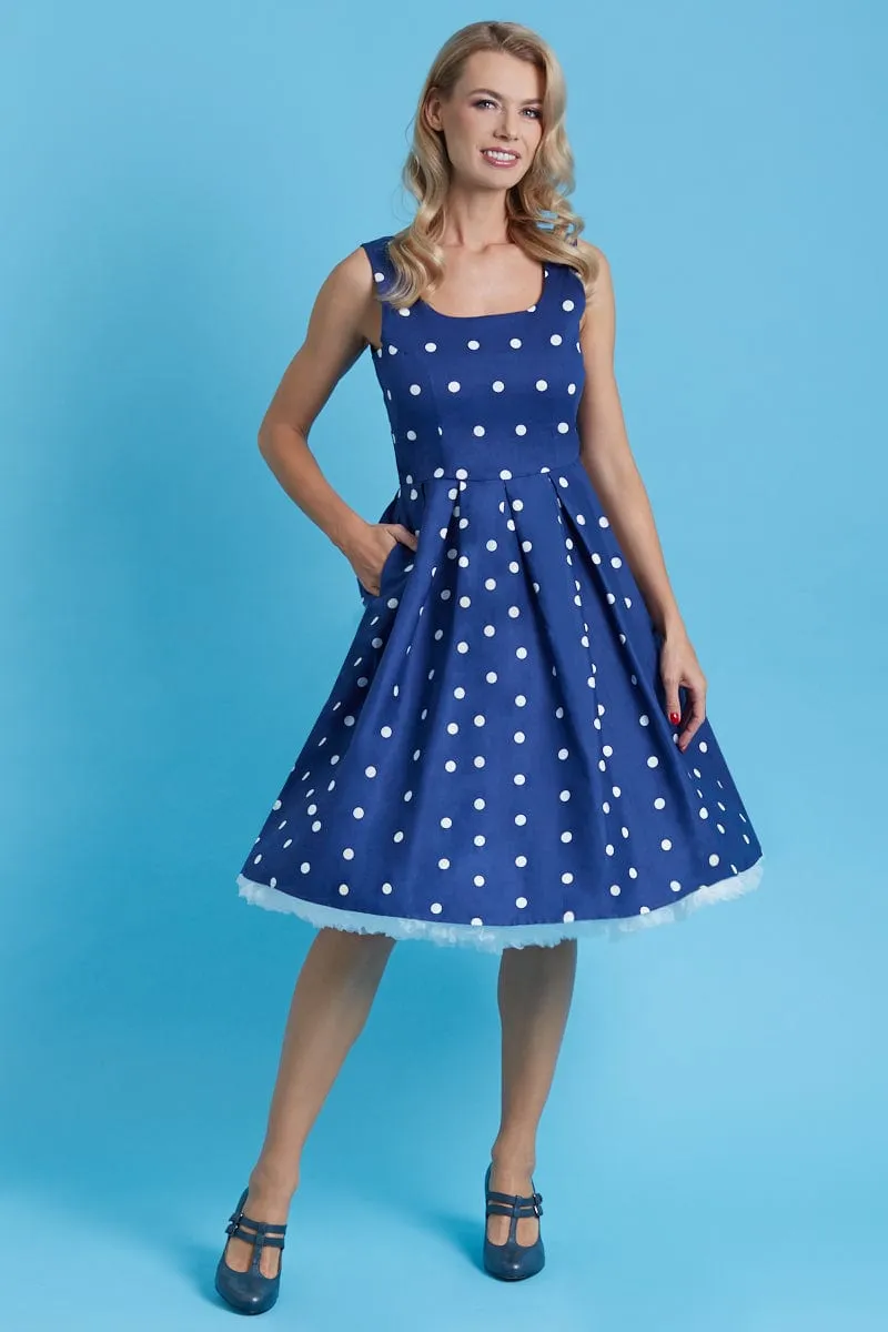 Amanda Scoop Neck Swing Dress Blue/White Polka