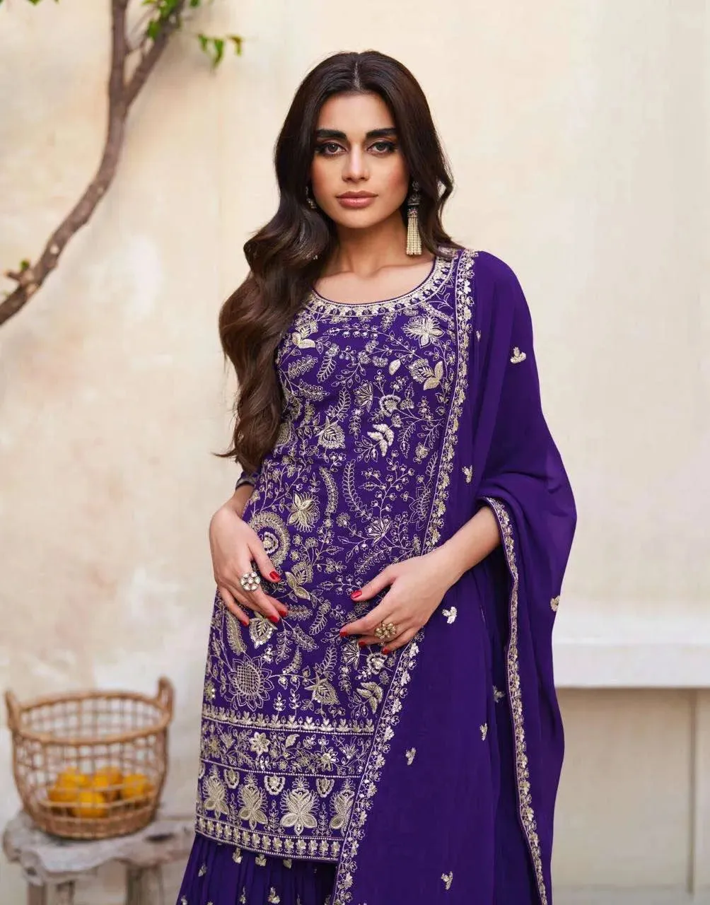 Charming Dark Purple Georgette Embroidered Sharara Suit