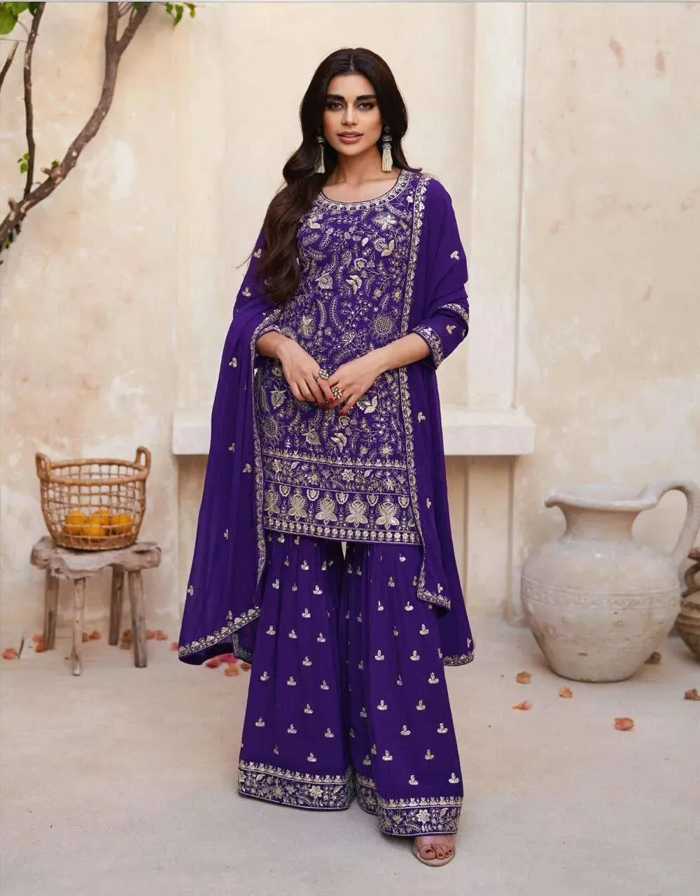 Charming Dark Purple Georgette Embroidered Sharara Suit