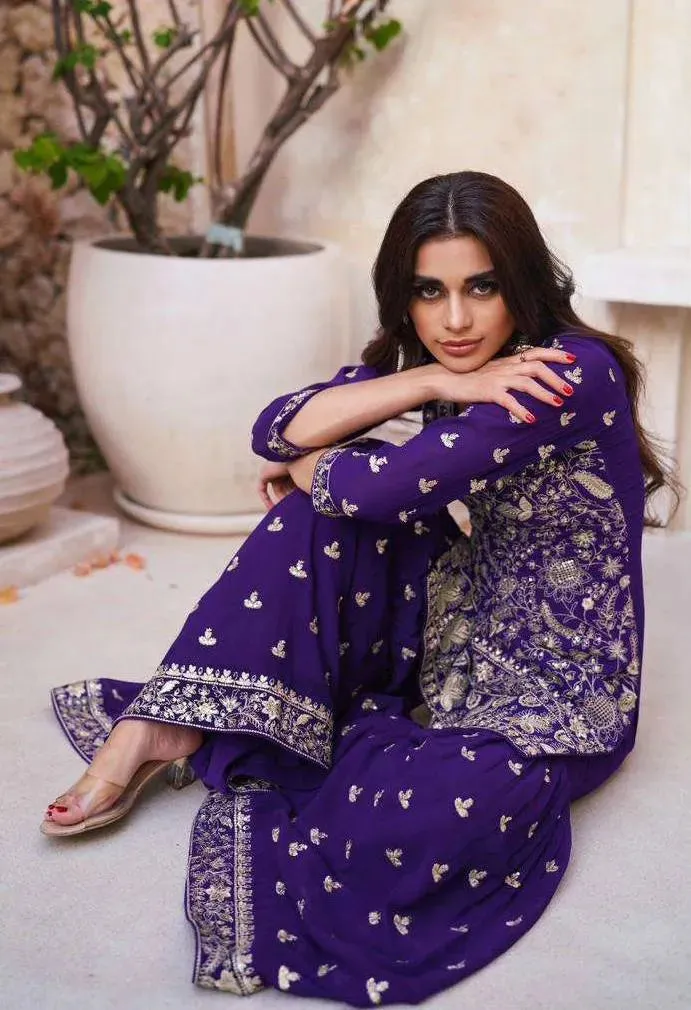 Charming Dark Purple Georgette Embroidered Sharara Suit