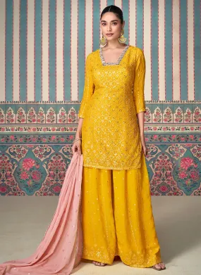 Charming Yellow Embroidered Chinon Sharara Suit