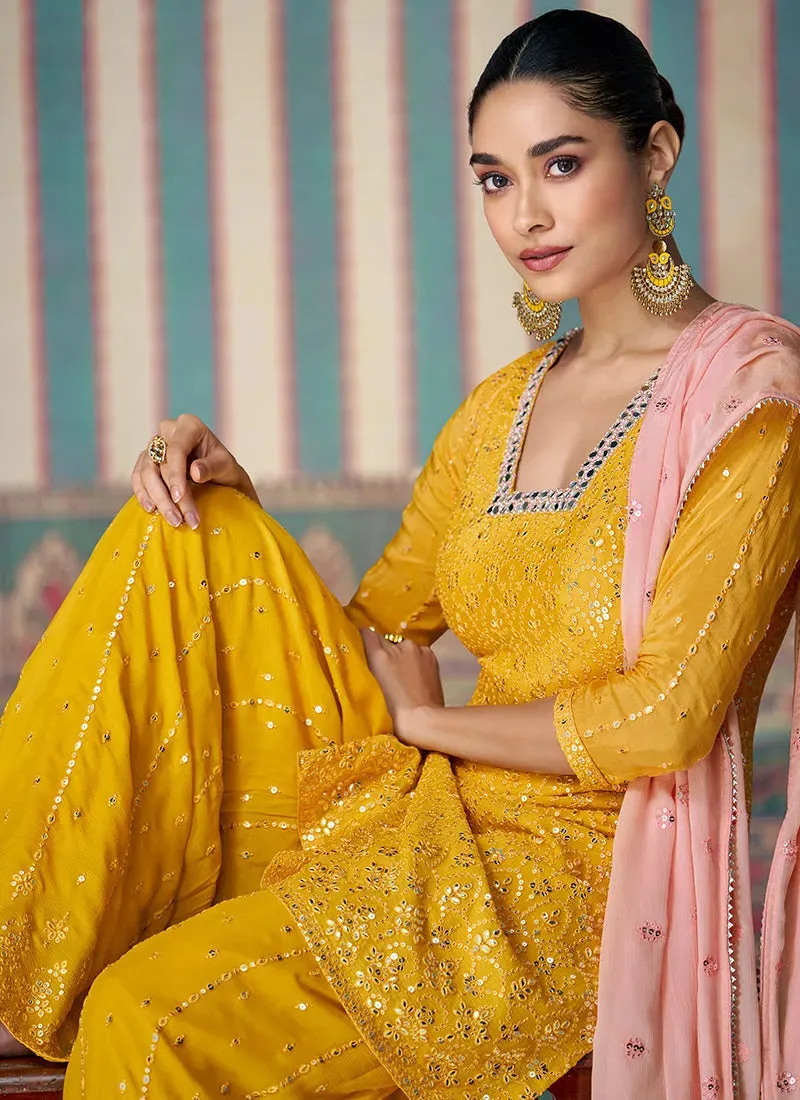 Charming Yellow Embroidered Chinon Sharara Suit