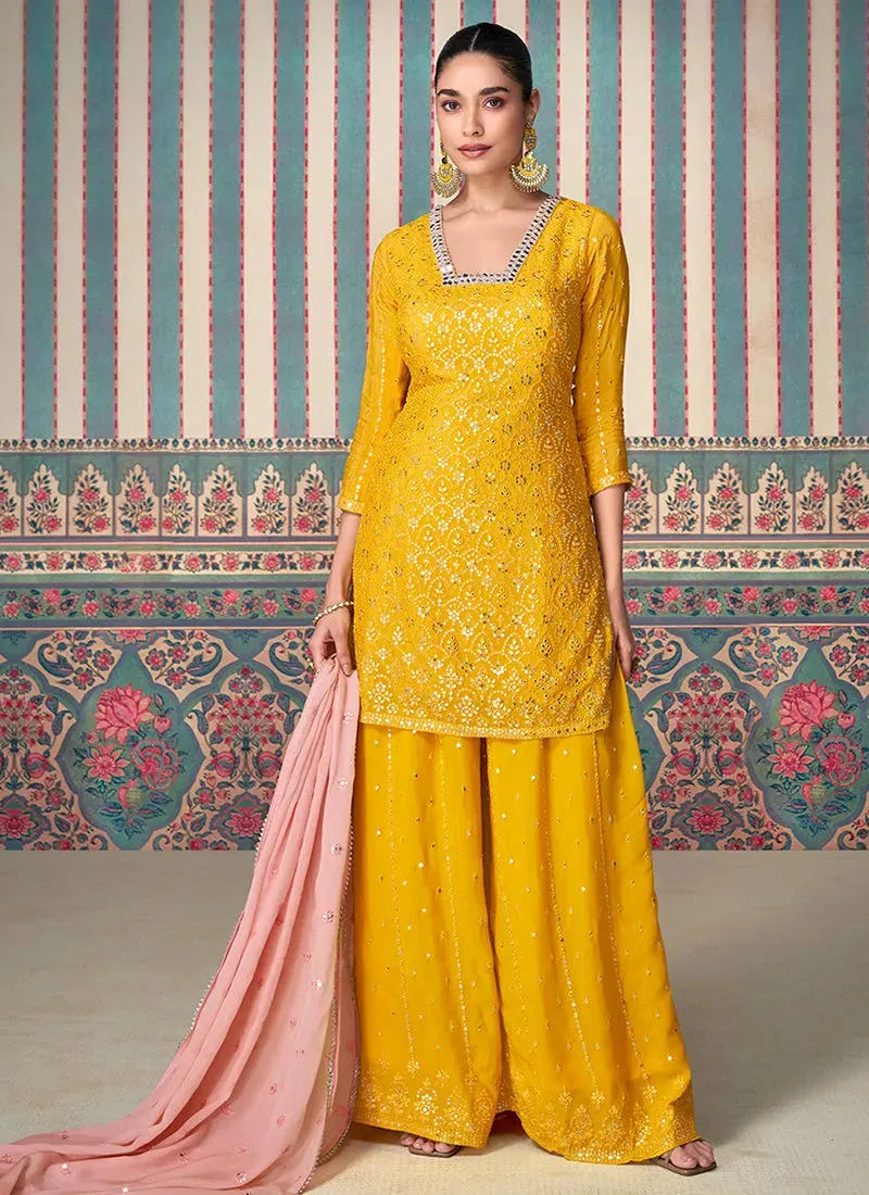 Charming Yellow Embroidered Chinon Sharara Suit
