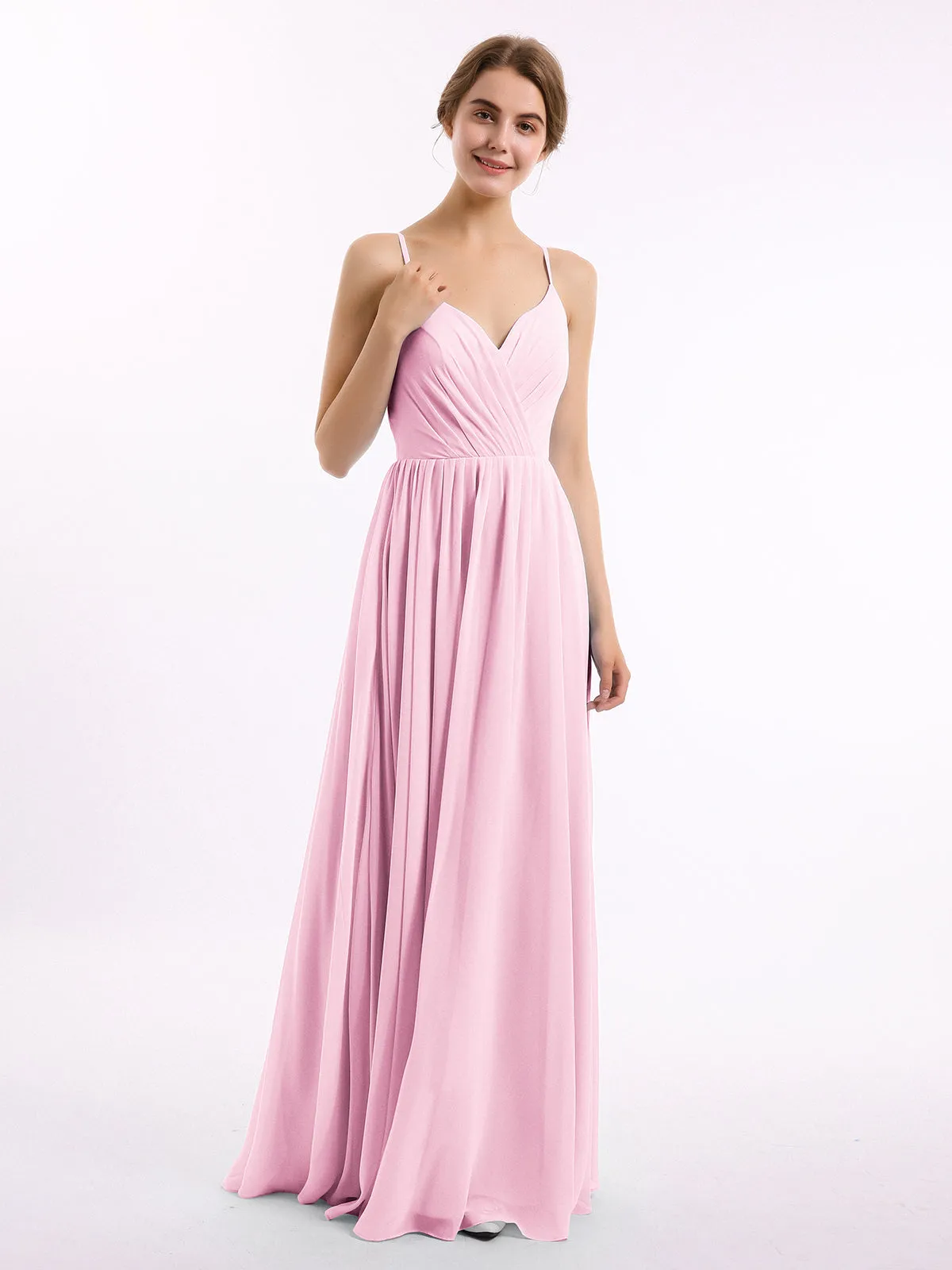 Chiffon Bridesmaid Dresses with Spaghetti Straps-Candy Pink