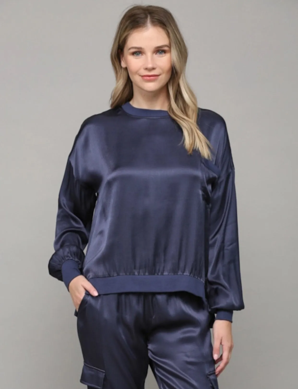 Contrast Ribbed Hem Round Neck Satin Top