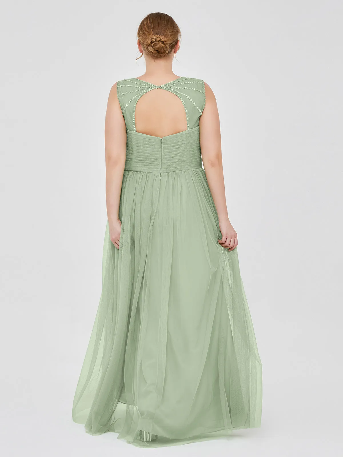 Cross-Pleated Tulle Long Dresses with Beaded Straps Dusty Sage Plus Size
