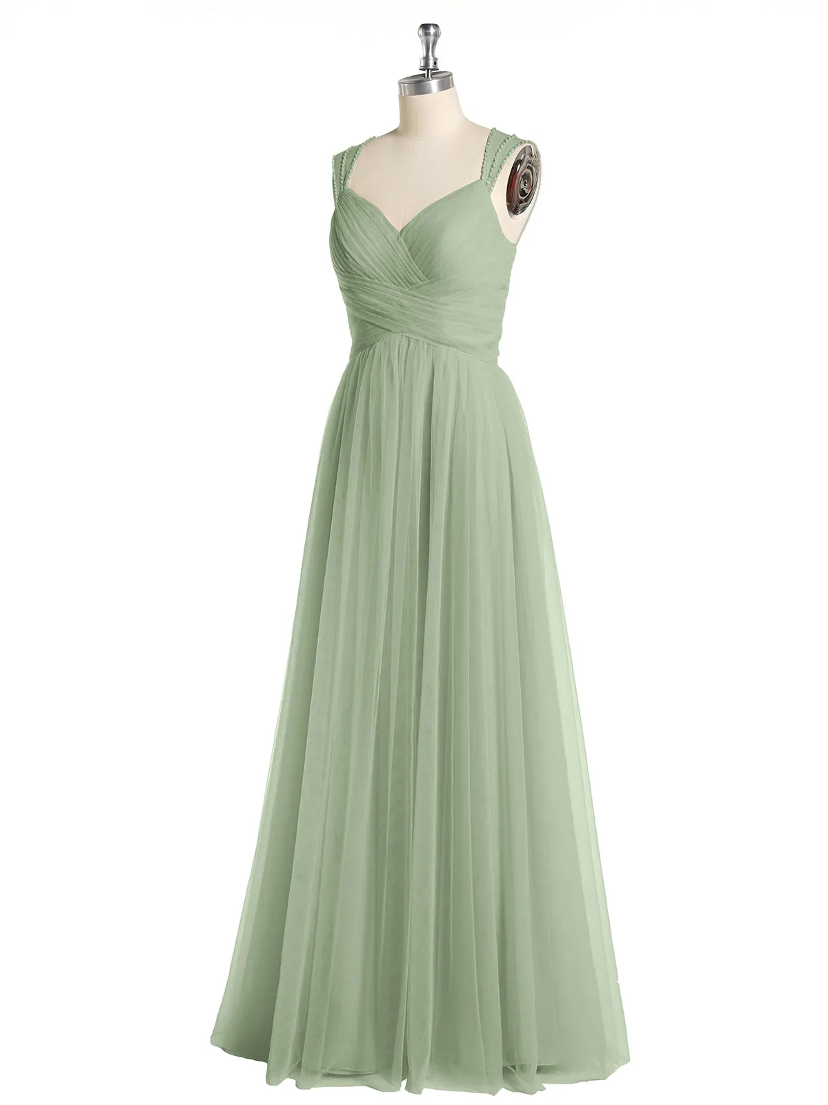 Cross-Pleated Tulle Long Dresses with Beaded Straps Dusty Sage Plus Size