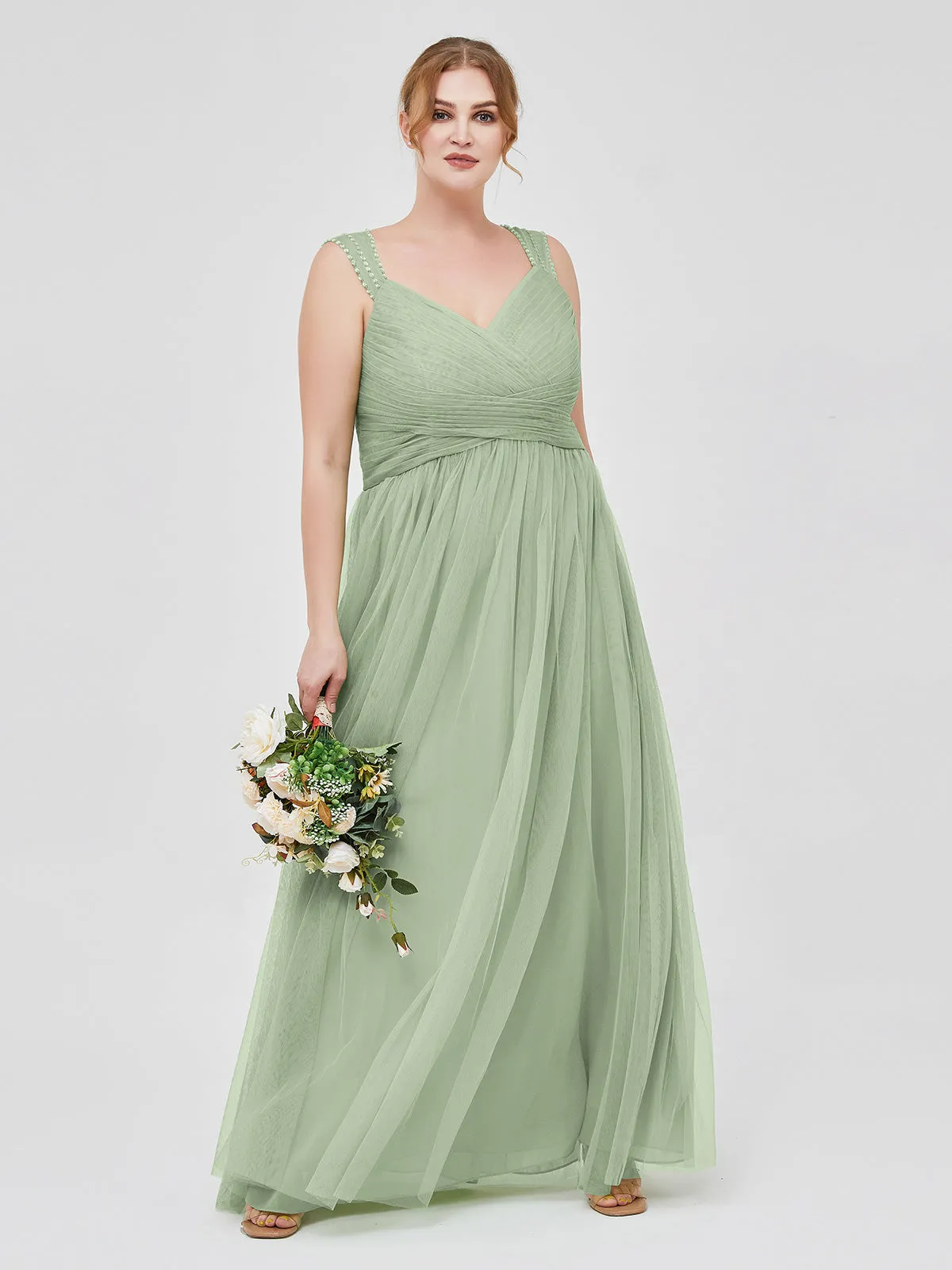 Cross-Pleated Tulle Long Dresses with Beaded Straps Dusty Sage Plus Size