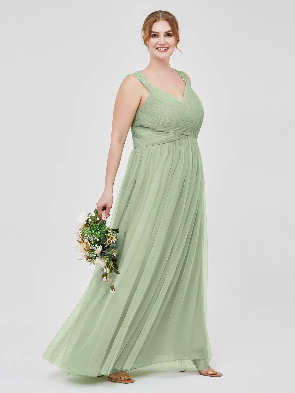 Cross-Pleated Tulle Long Dresses with Beaded Straps Dusty Sage Plus Size