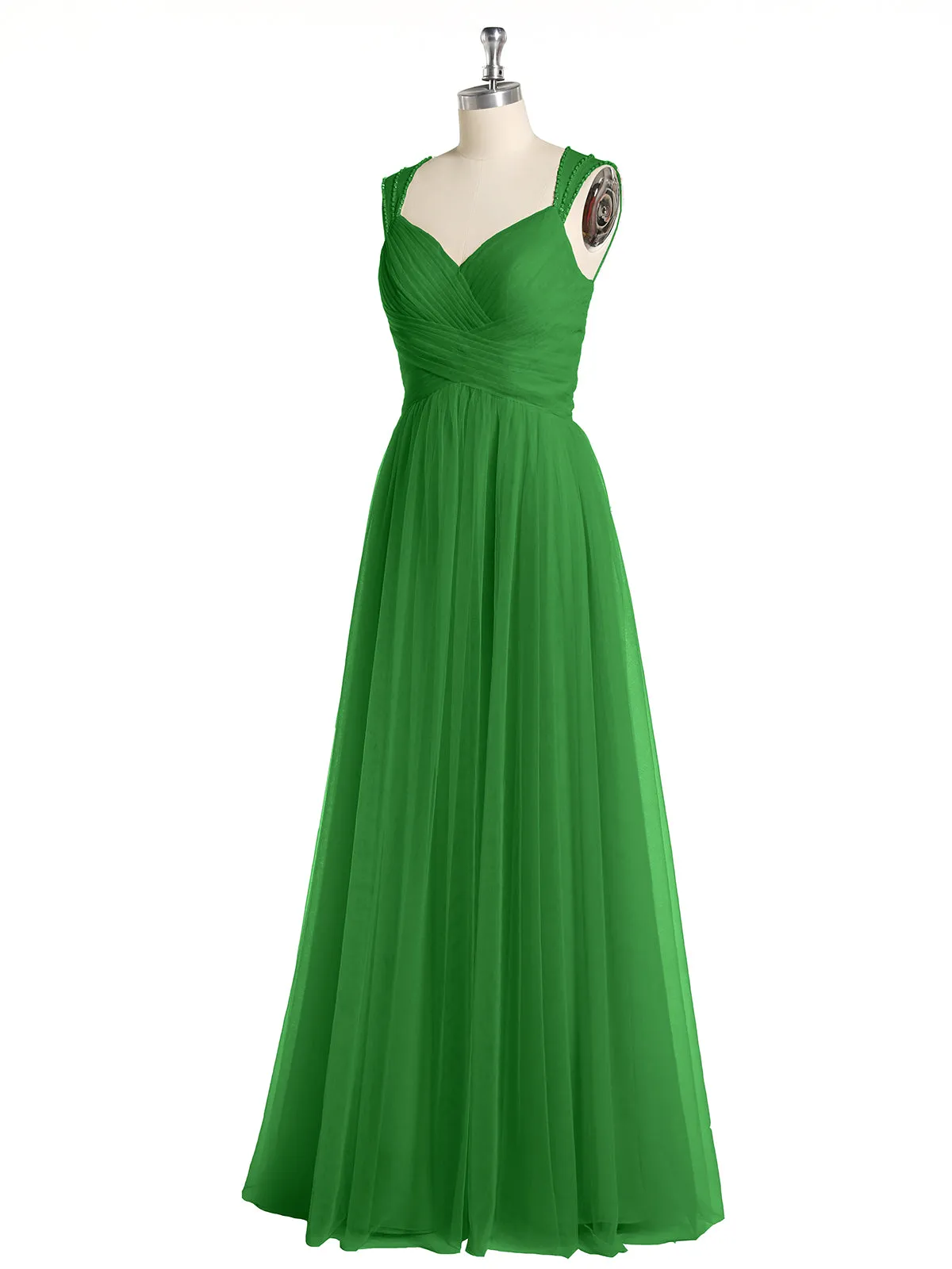 Cross-Pleated Tulle Long Dresses with Beaded Straps Green Plus Size