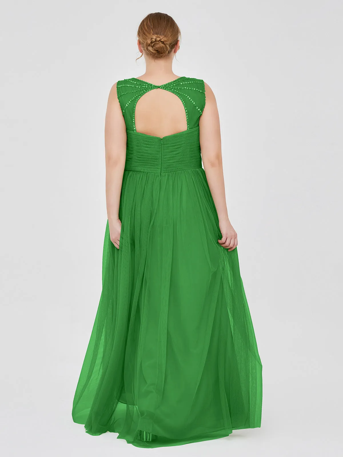 Cross-Pleated Tulle Long Dresses with Beaded Straps Green Plus Size