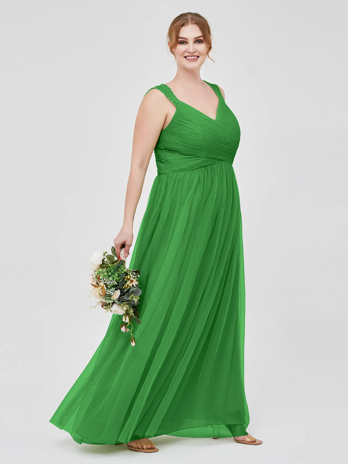 Cross-Pleated Tulle Long Dresses with Beaded Straps Green Plus Size