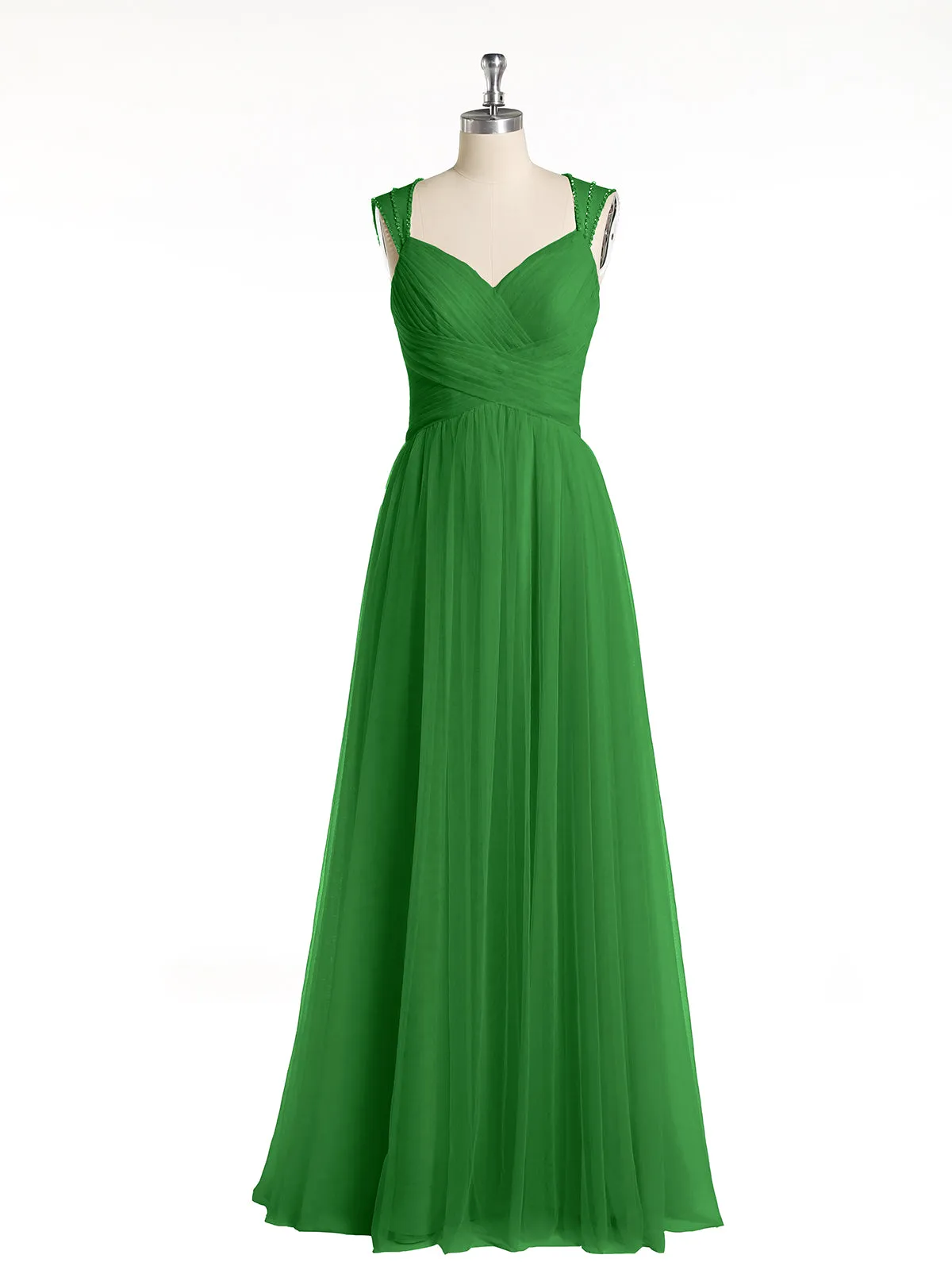 Cross-Pleated Tulle Long Dresses with Beaded Straps Green Plus Size