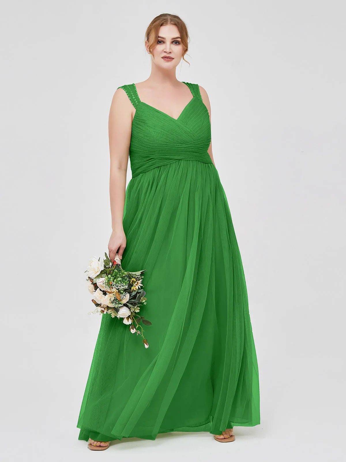 Cross-Pleated Tulle Long Dresses with Beaded Straps Green Plus Size