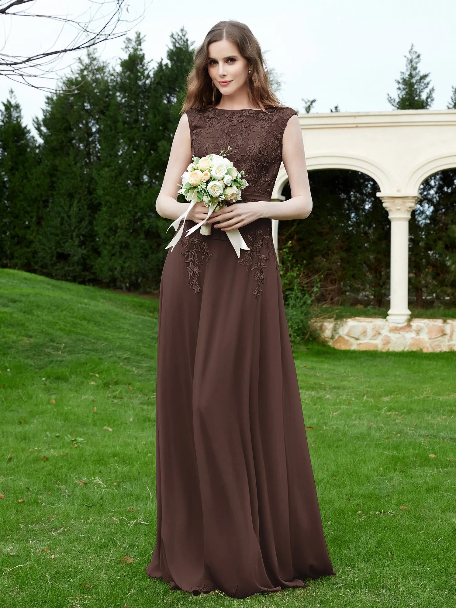 Elegant Illusion Lace Appliqued Dress With Buttons Chocolate Plus Size