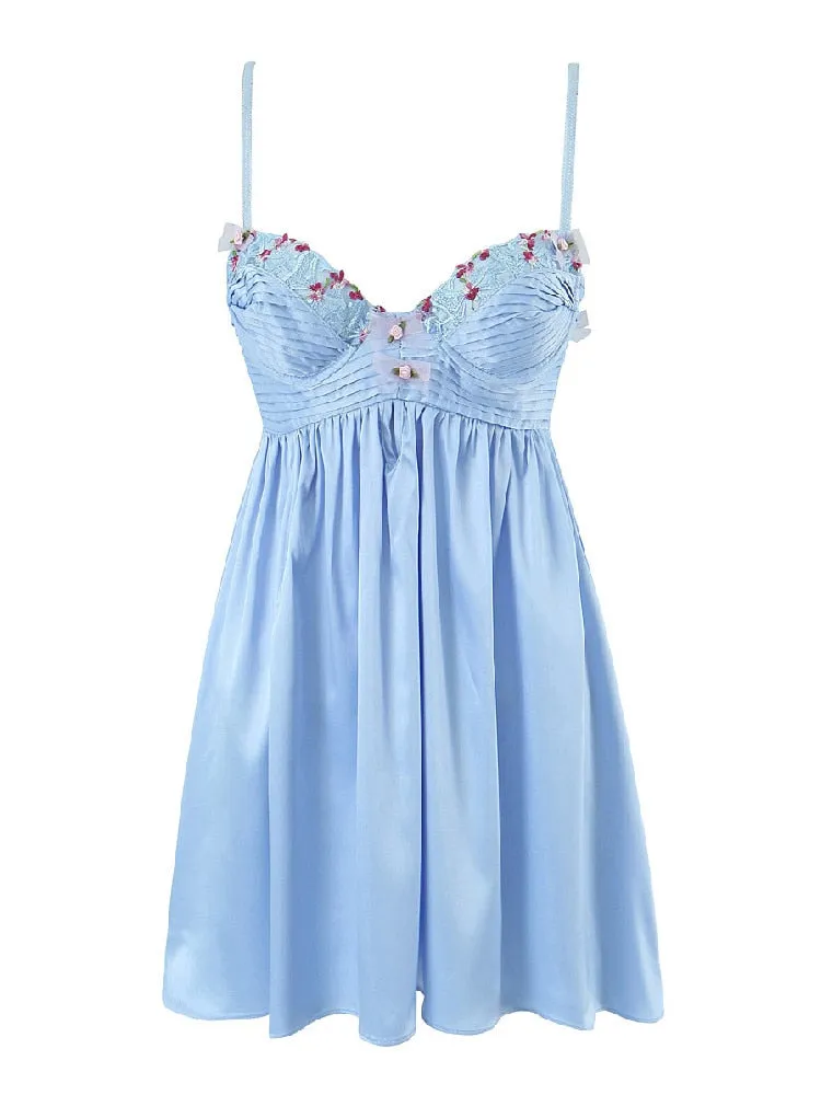 Flower Embroidered Lace Charming Blue Slip Mini Dress