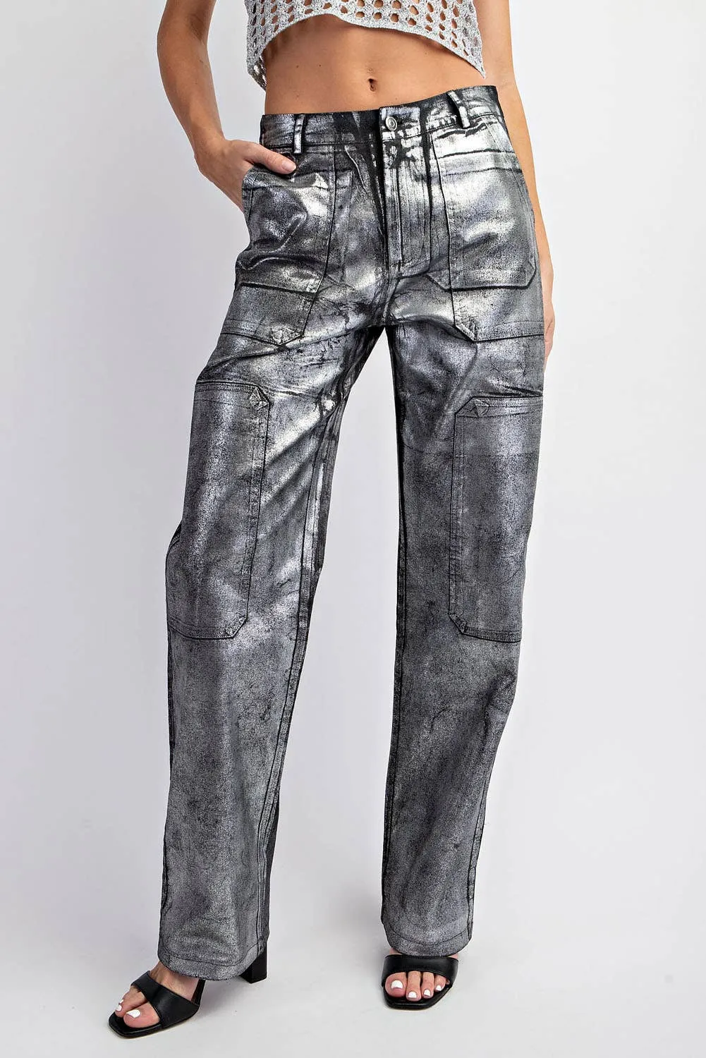 FOILED TWILL FABIC CONTRAST CARGO PANTS