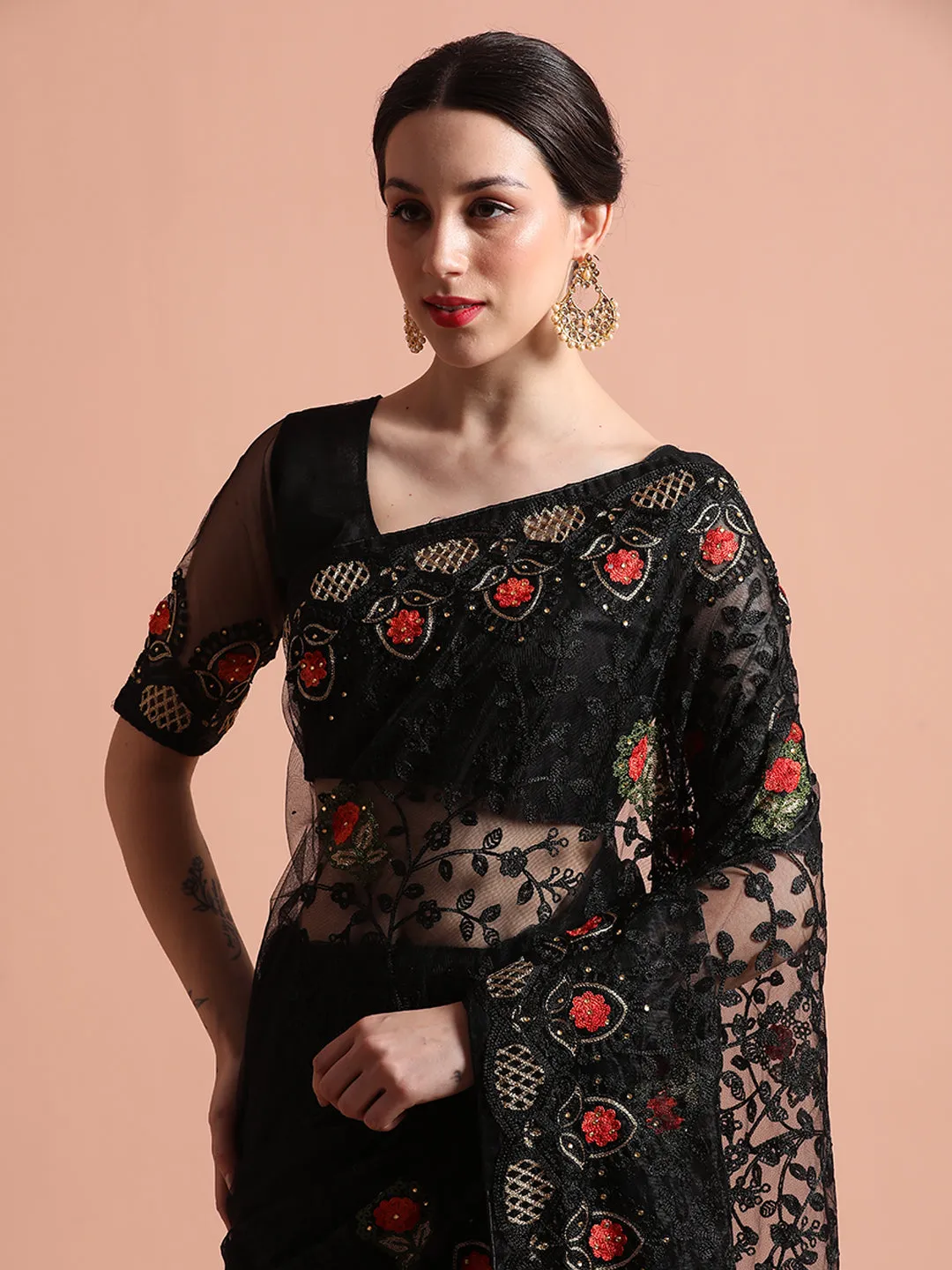 Heavy Floral Embroidered Net Party Wear Black Saree