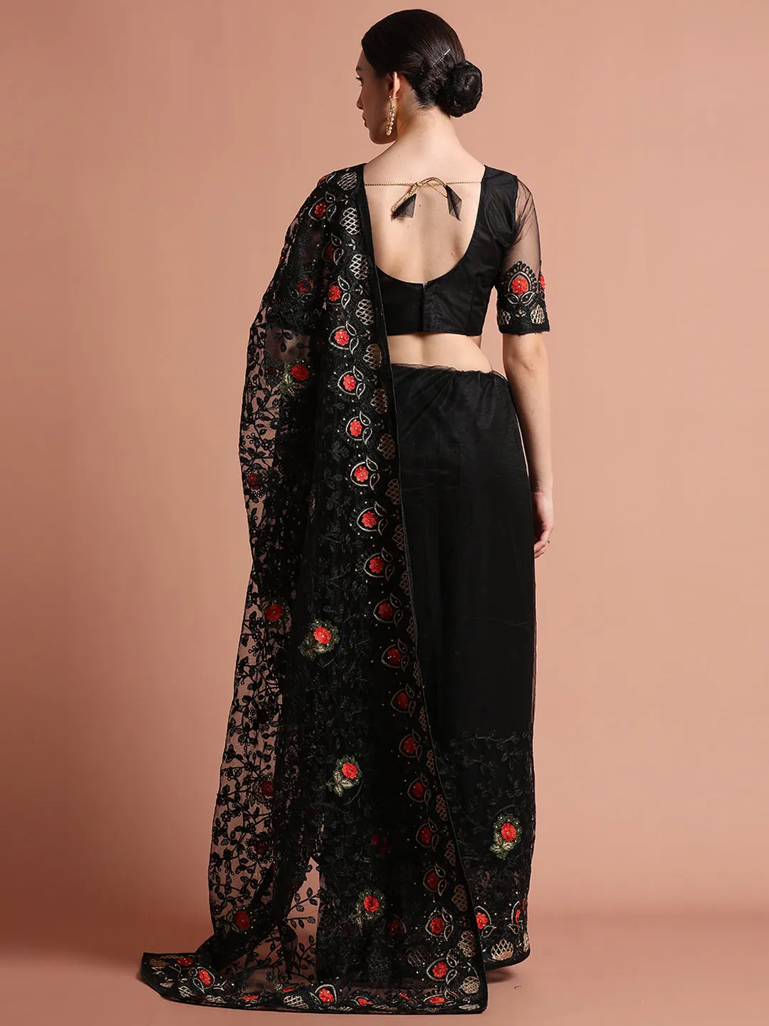 Heavy Floral Embroidered Net Party Wear Black Saree