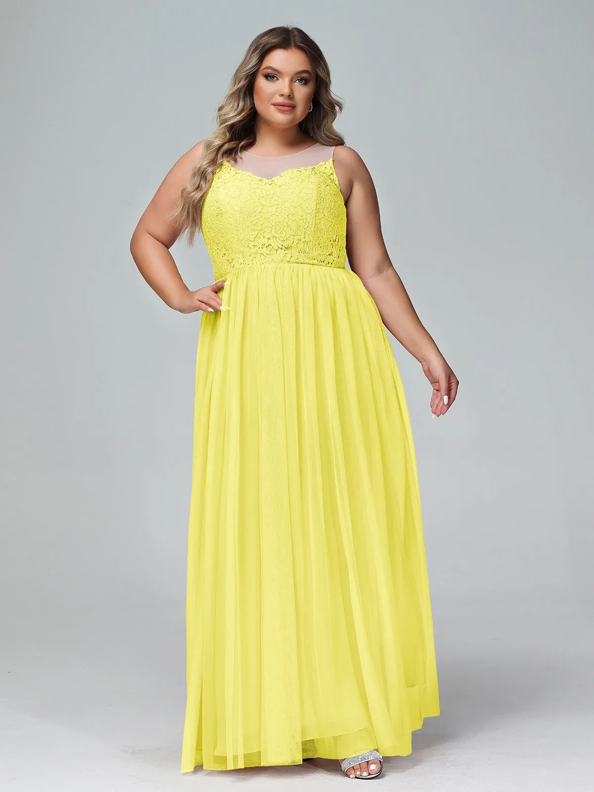 Illusion Neckline Lace and Tulle Maxi Dress-Lemon Plus Size