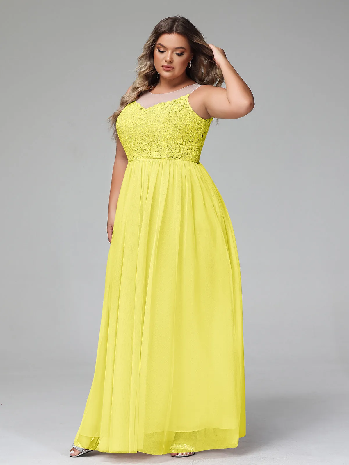 Illusion Neckline Lace and Tulle Maxi Dress-Lemon Plus Size