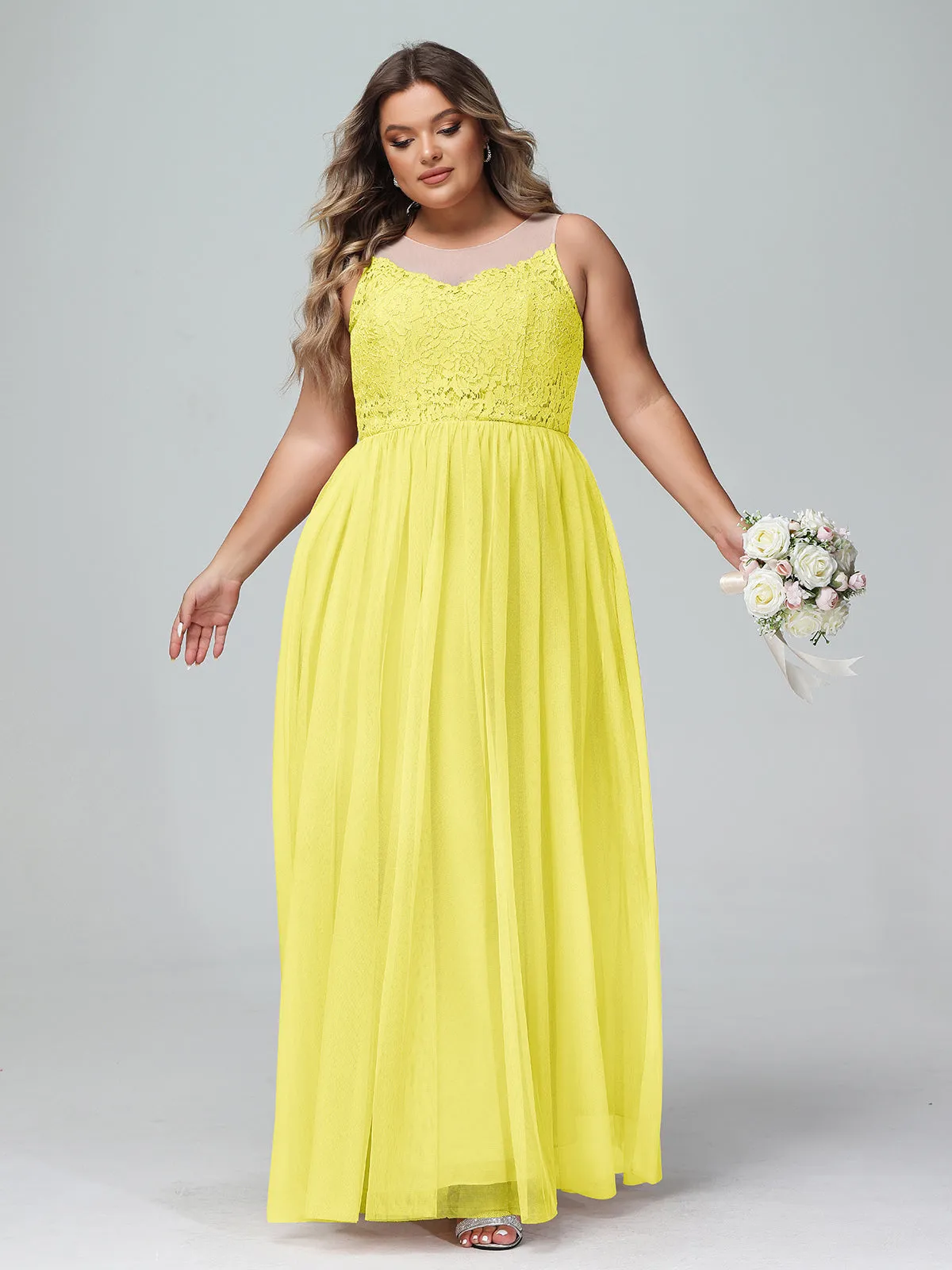 Illusion Neckline Lace and Tulle Maxi Dress-Lemon Plus Size