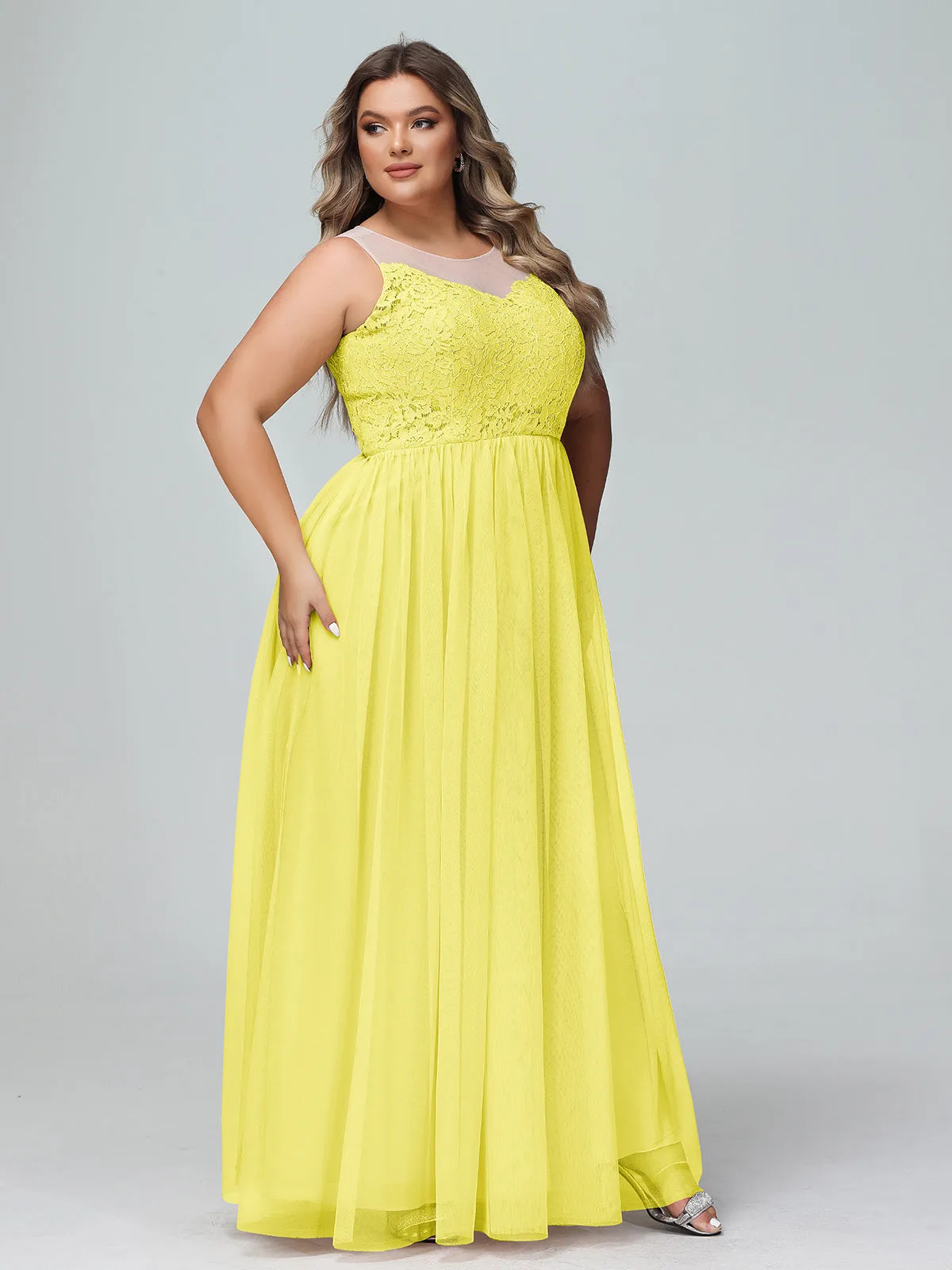 Illusion Neckline Lace and Tulle Maxi Dress-Lemon Plus Size