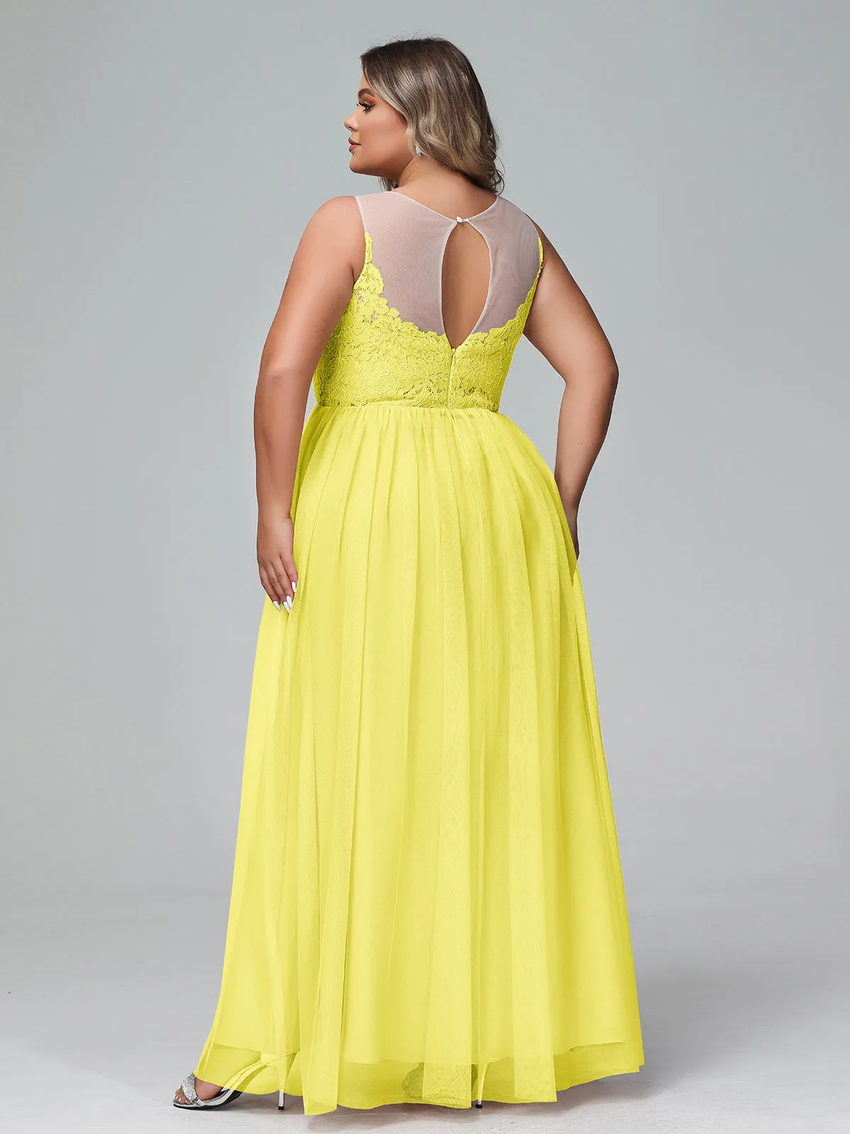 Illusion Neckline Lace and Tulle Maxi Dress-Lemon Plus Size