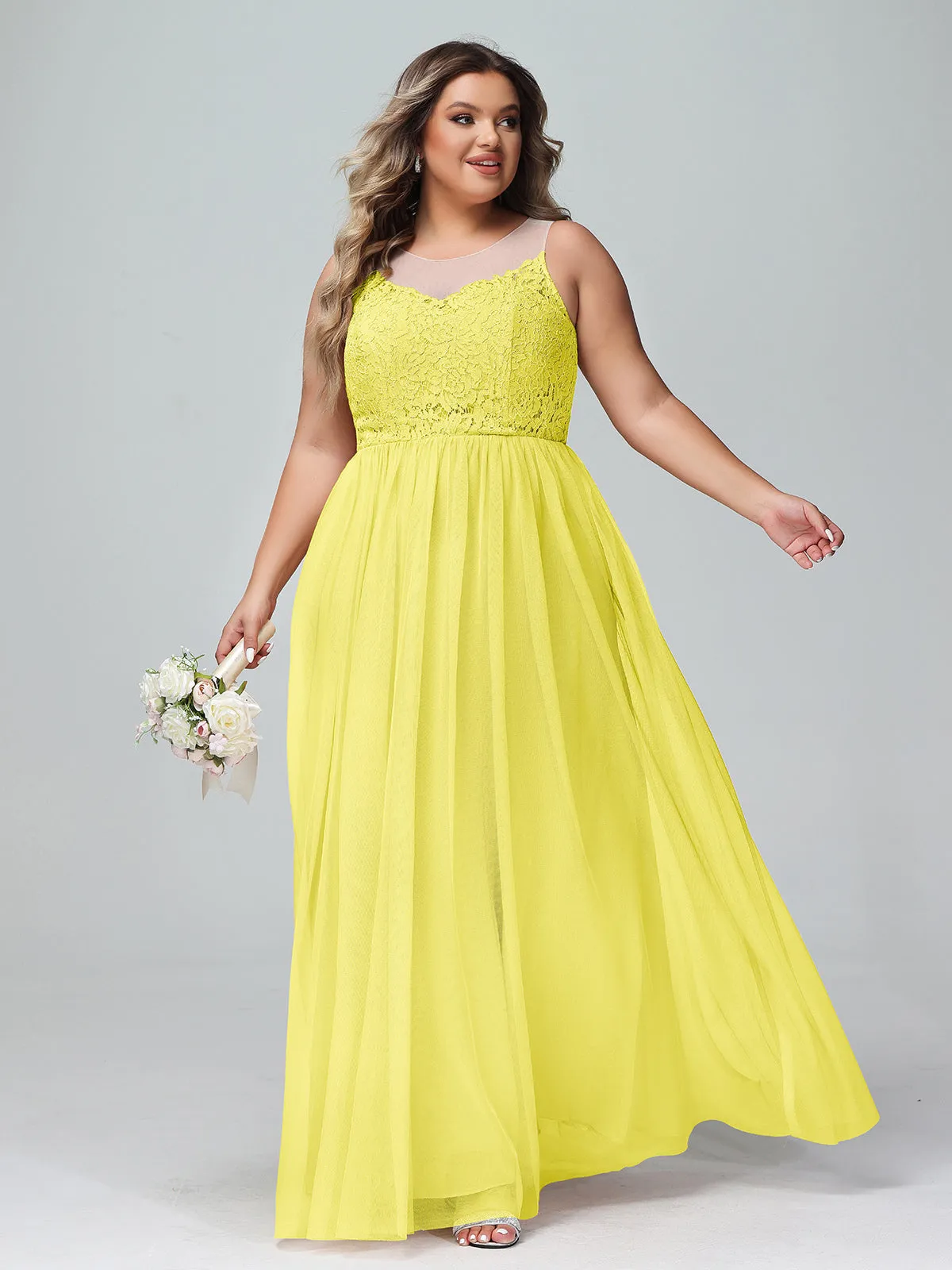 Illusion Neckline Lace and Tulle Maxi Dress-Lemon Plus Size