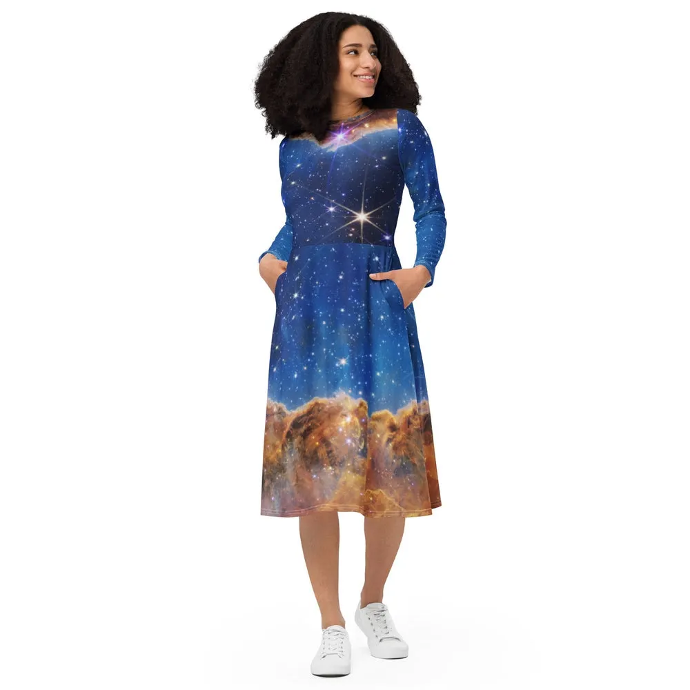 JWST MARVEL-ous Carina Nebula Long-Sleeve Midi Dress with Pockets