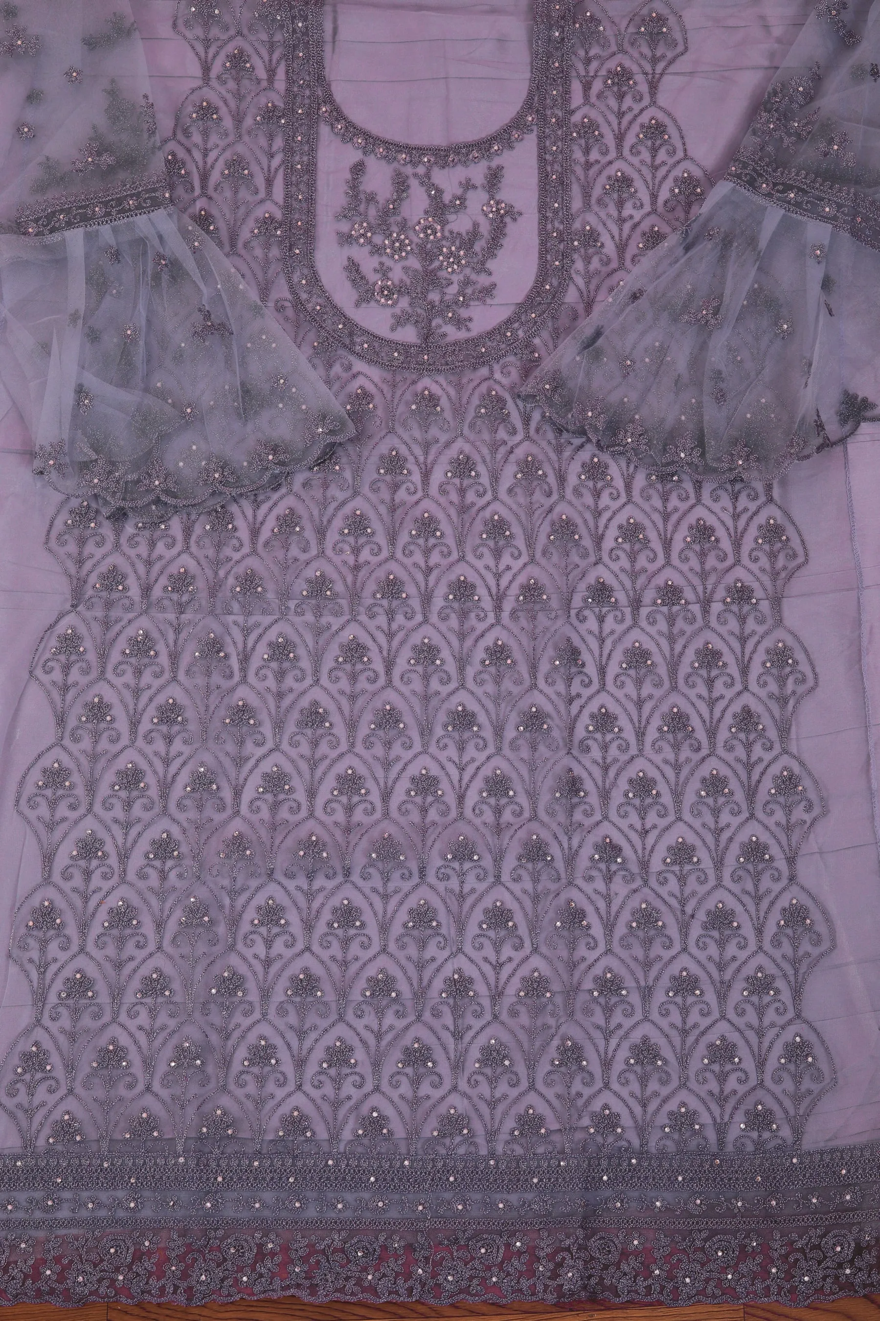 Lavender Heavy Embroidered Net Dress Material with Dupatta