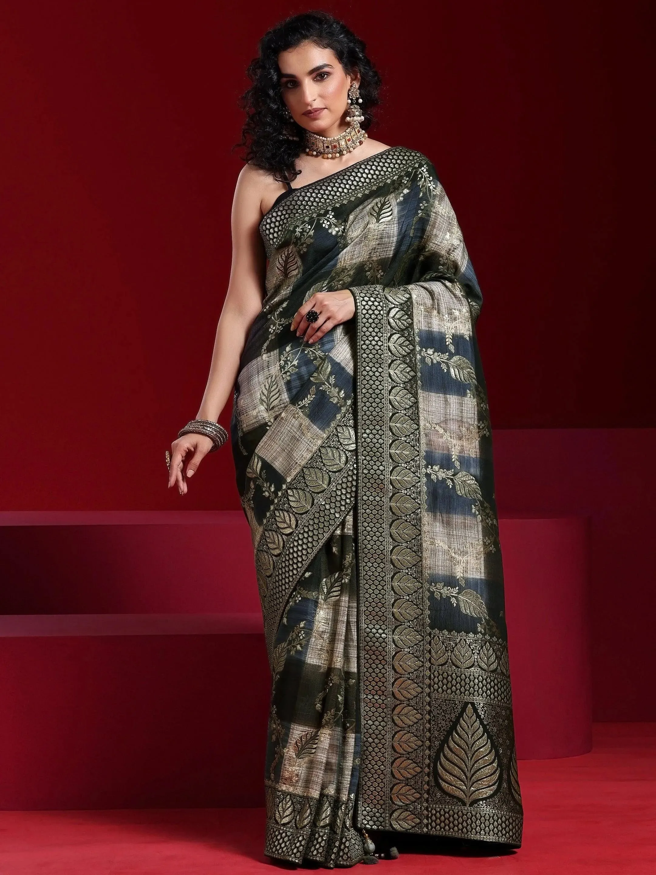 Libas Art Black Colorblocked Satin Saree With Unstitched  Blouse Piece