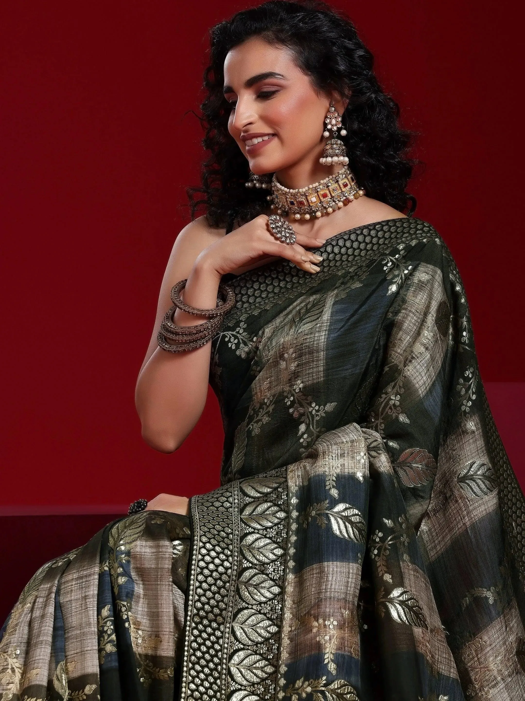 Libas Art Black Colorblocked Satin Saree With Unstitched  Blouse Piece