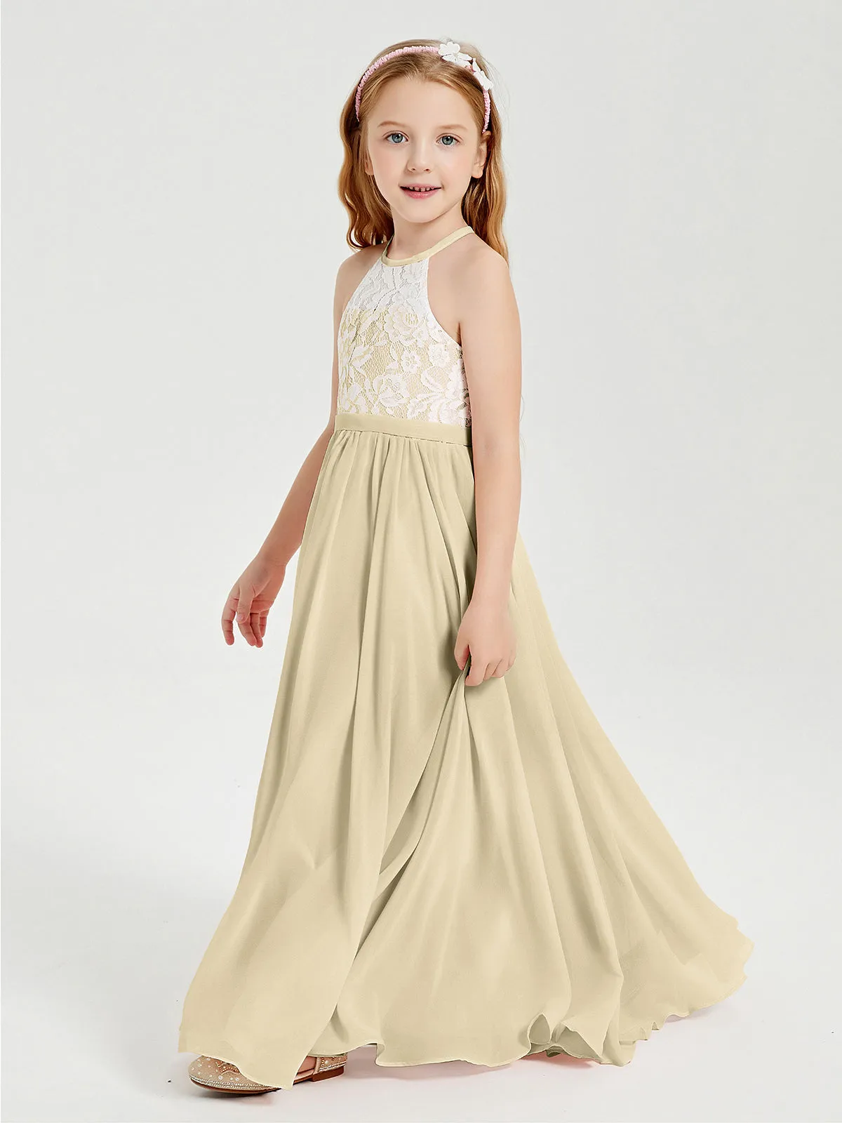 Long Chiffon Bridesmaid Dresses Lace Top Champagne