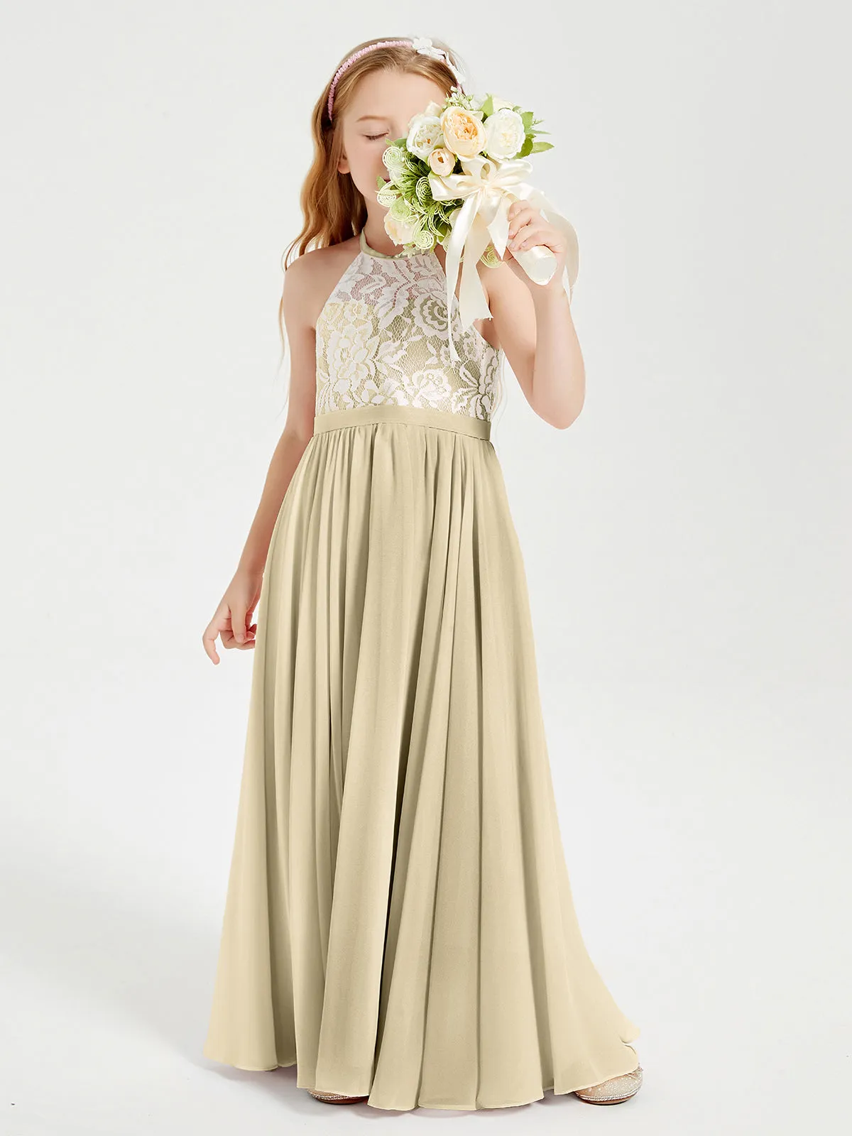 Long Chiffon Bridesmaid Dresses Lace Top Champagne
