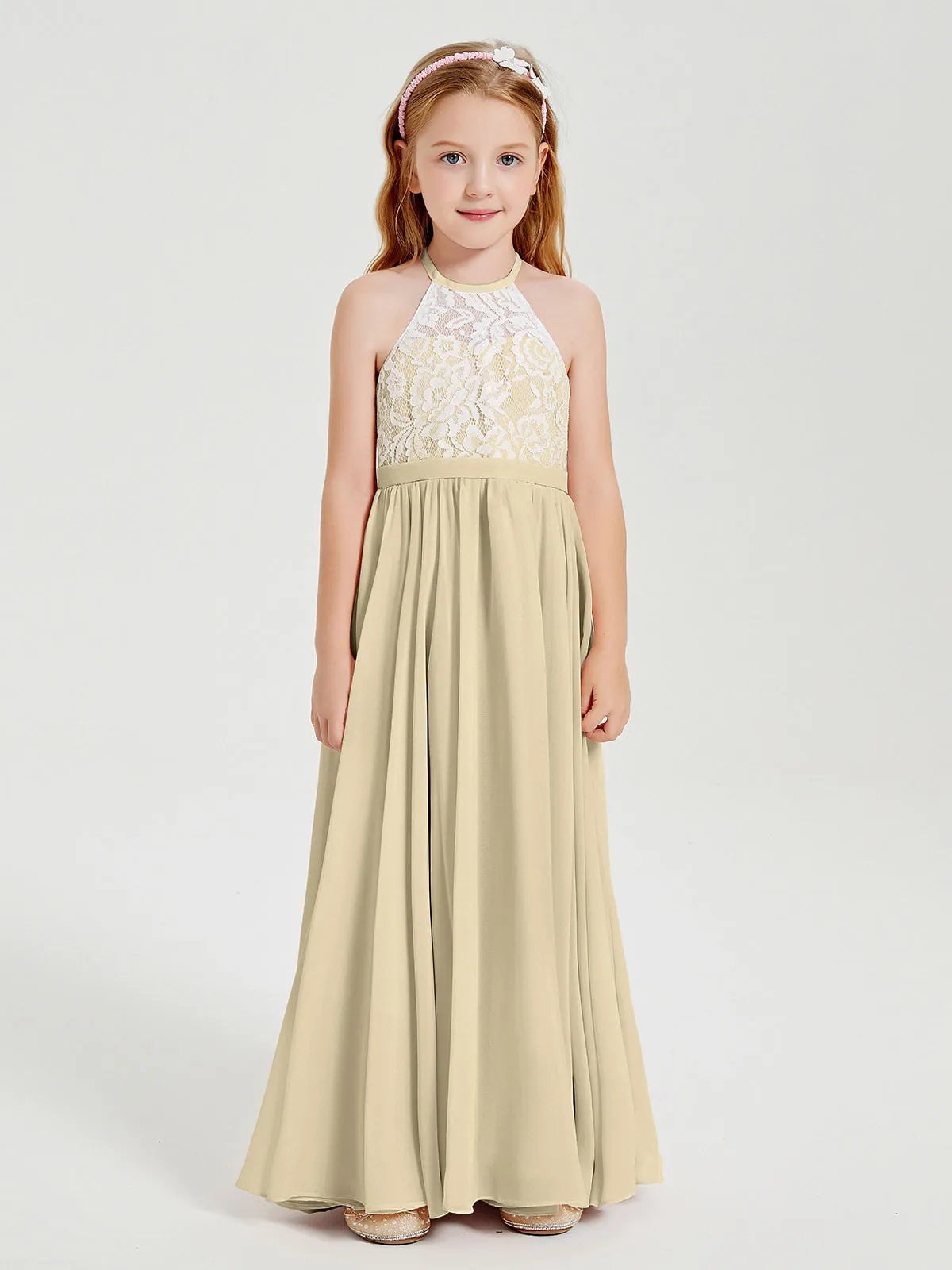 Long Chiffon Bridesmaid Dresses Lace Top Champagne