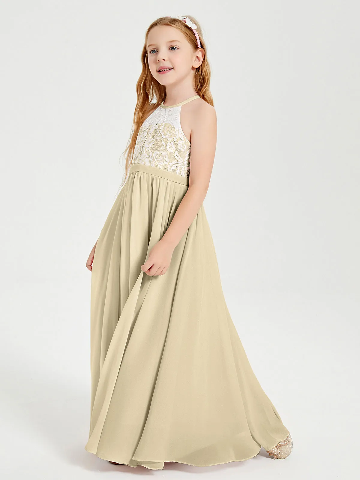 Long Chiffon Bridesmaid Dresses Lace Top Champagne