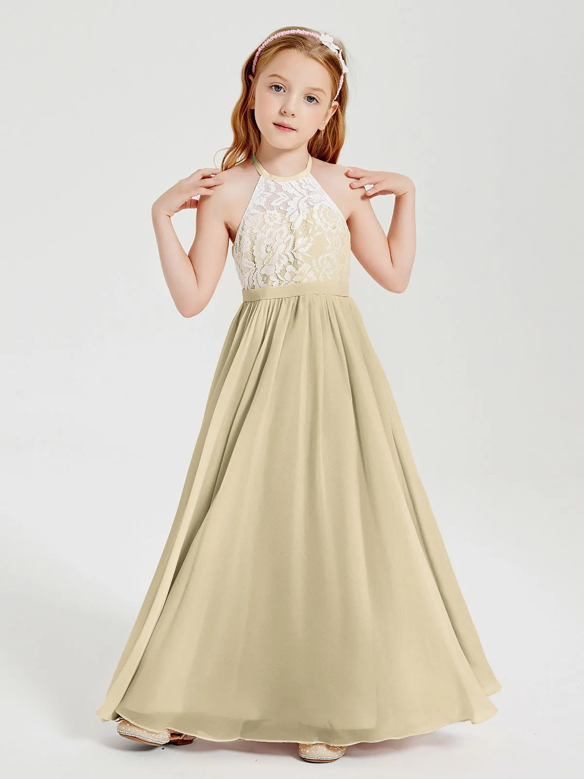 Long Chiffon Bridesmaid Dresses Lace Top Champagne