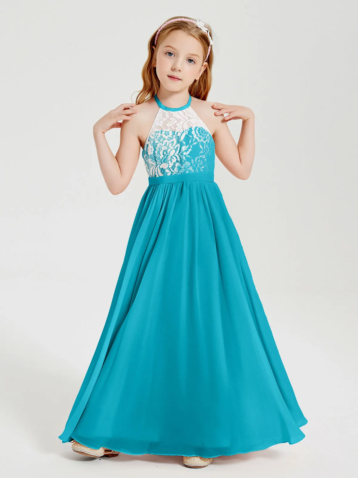 Long Chiffon Bridesmaid Dresses Lace Top Jade