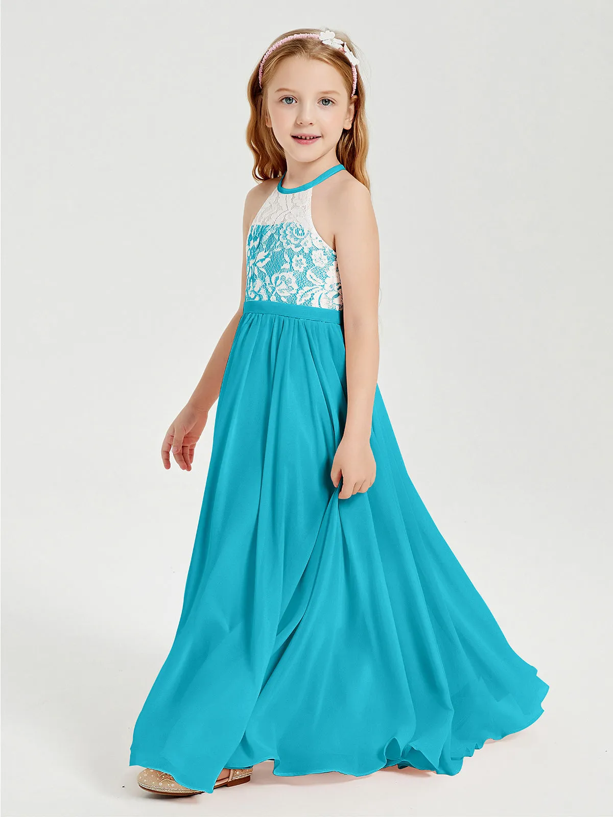 Long Chiffon Bridesmaid Dresses Lace Top Jade